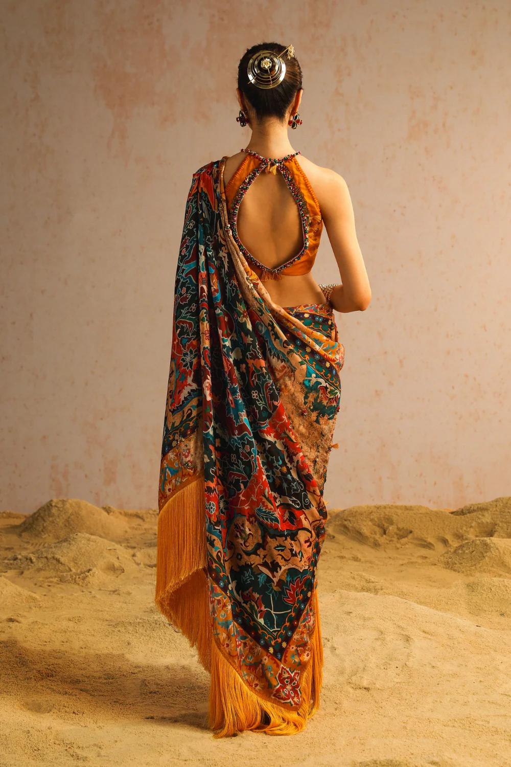 Mustard yellow draped saree with halter neck blouse - Image 5