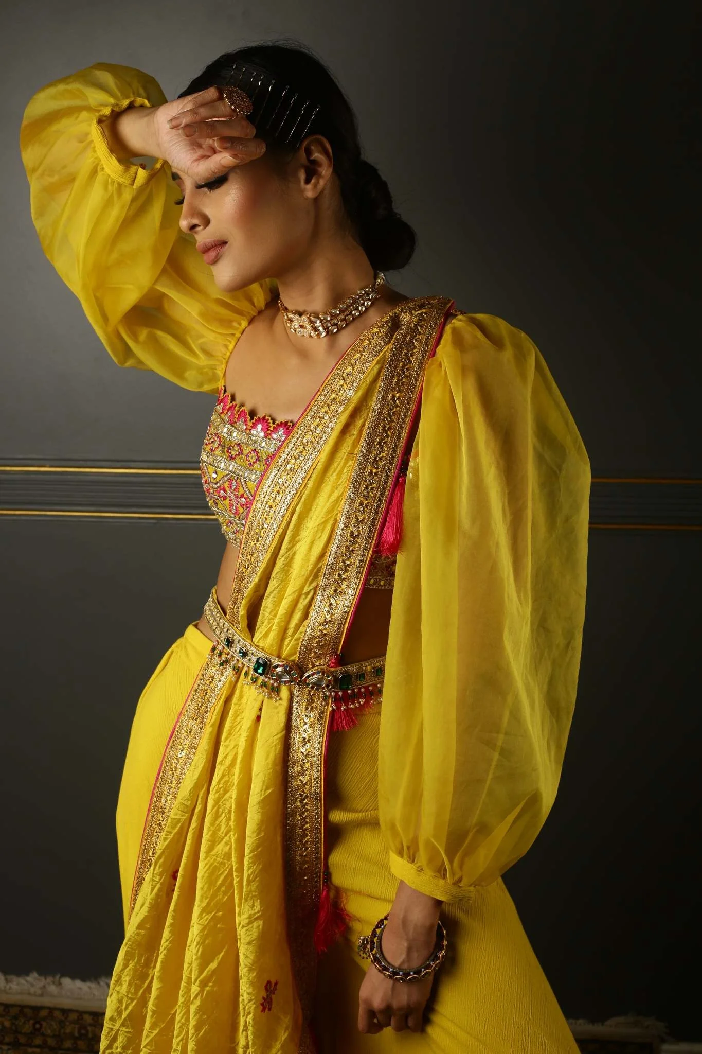 Mustard Yellow Hand-Embroidered Textured Georgette Sharara - Image 3