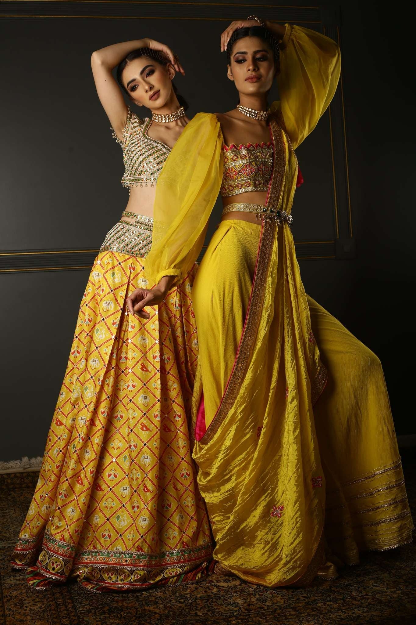 Mustard Yellow Hand-Embroidered Textured Georgette Sharara - Image 4