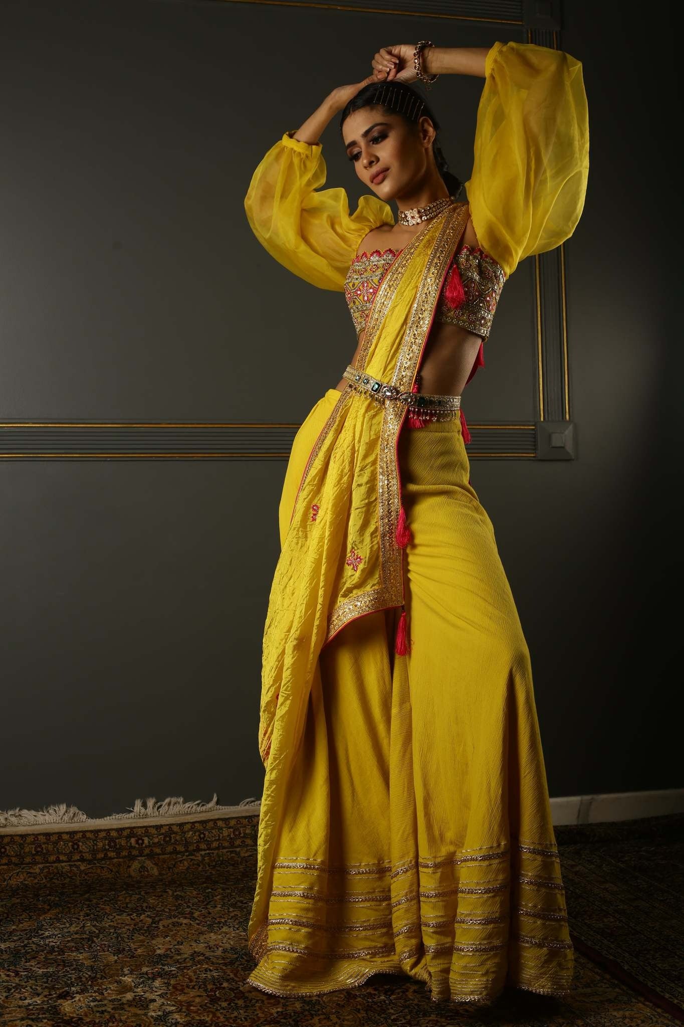 Mustard Yellow Hand-Embroidered Textured Georgette Sharara - Image 5
