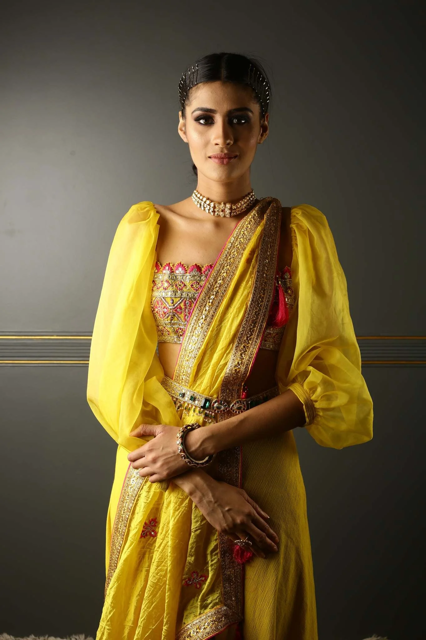 Shilpa Shetty in MUSTARD YELLOW HAND-EMBROIDERED TEXTURED GEORGETTE SHARARA - Image 4