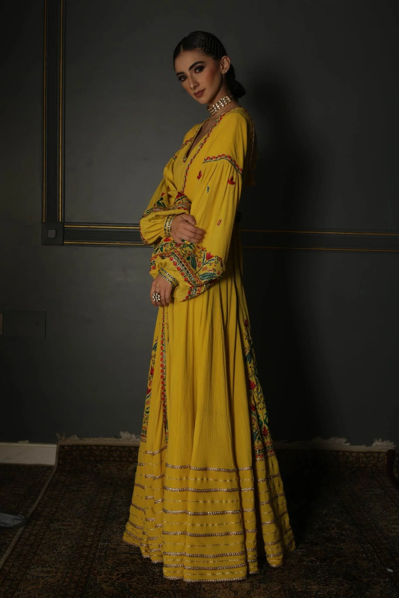 Mustard Yellow Hand-Embroidered Georgette Anarkali - Image 4