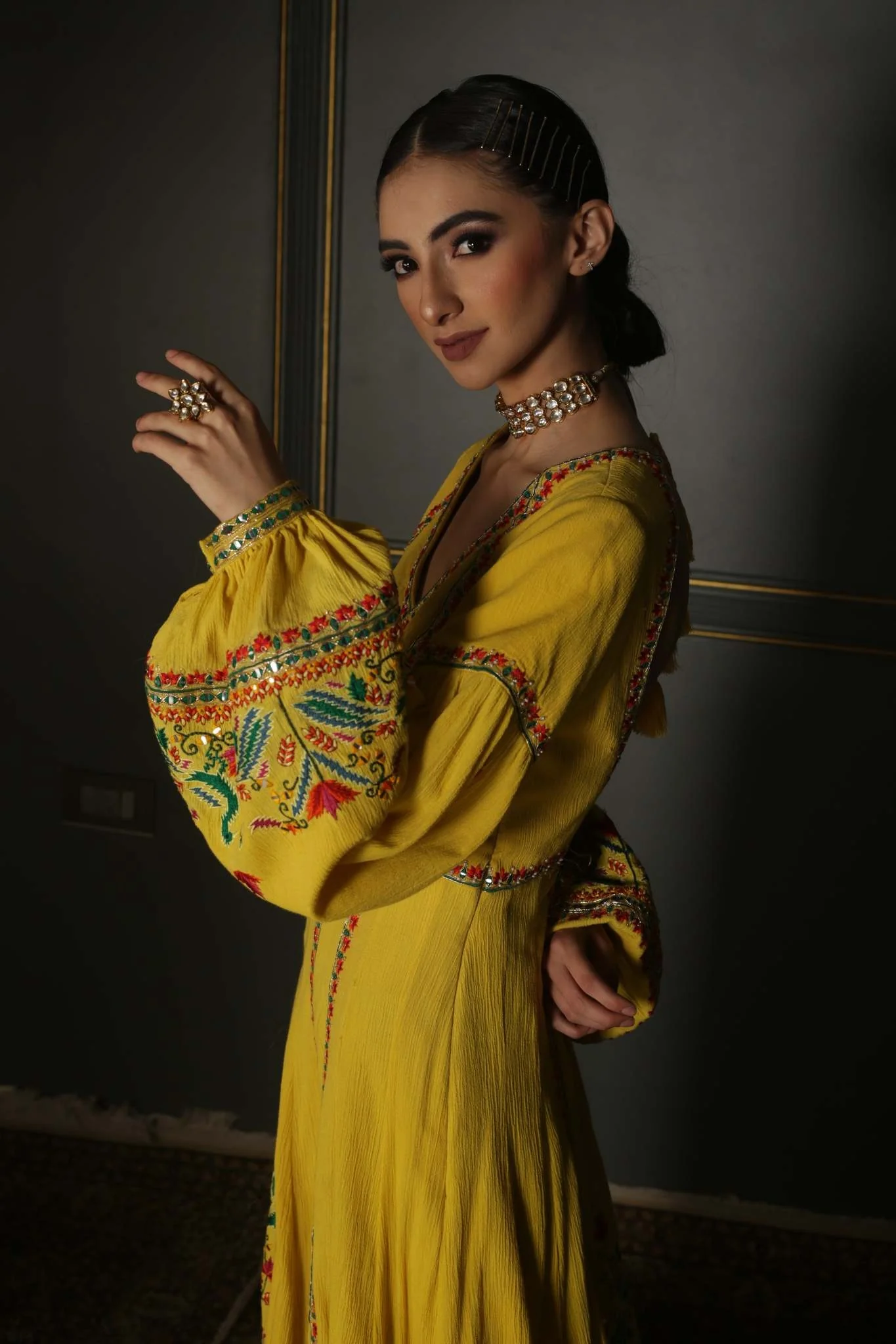 Mustard Yellow Hand-Embroidered Georgette Anarkali - Image 5