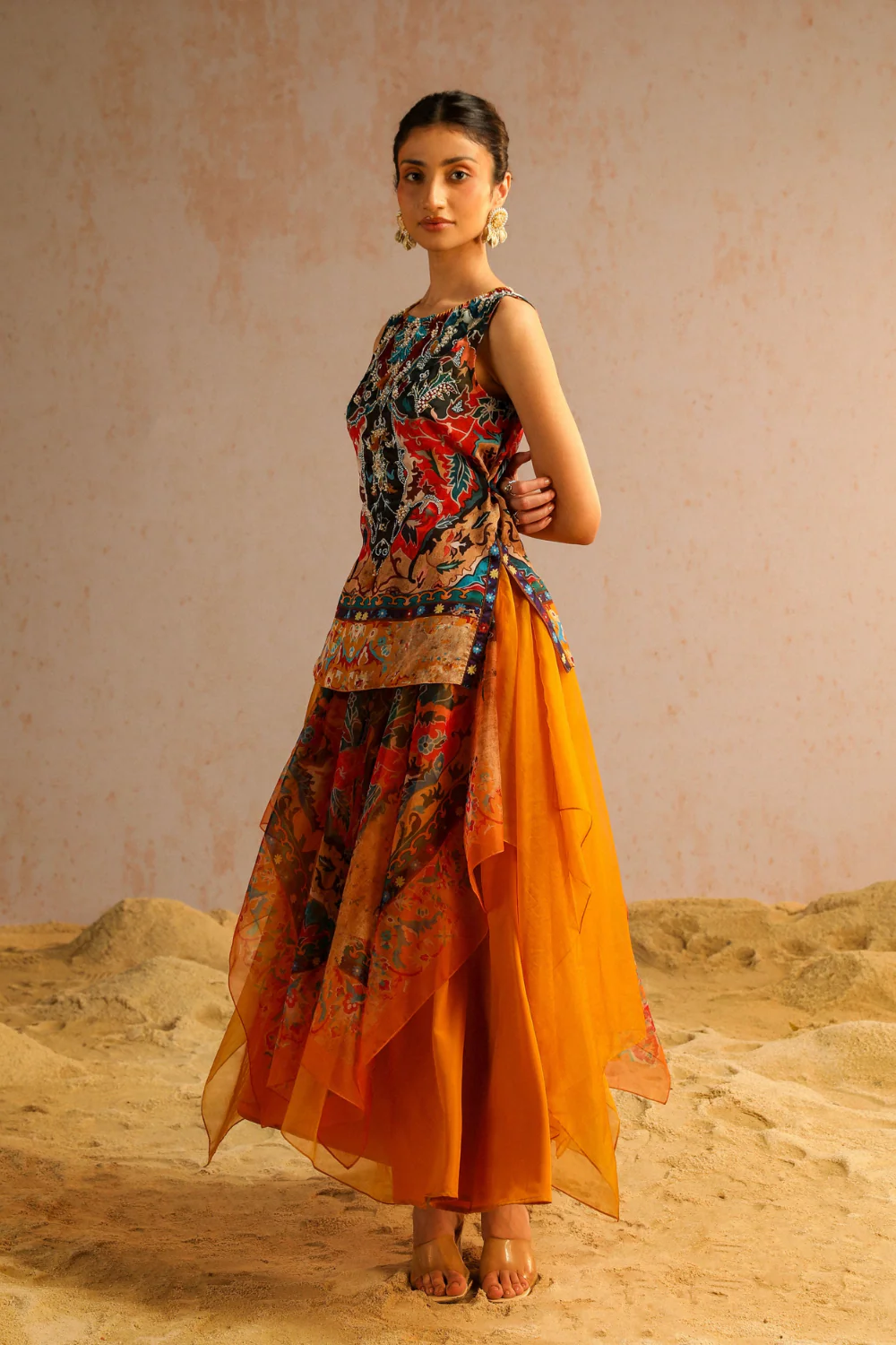 Mustard yellow layered skirt with short kurti - Image 3