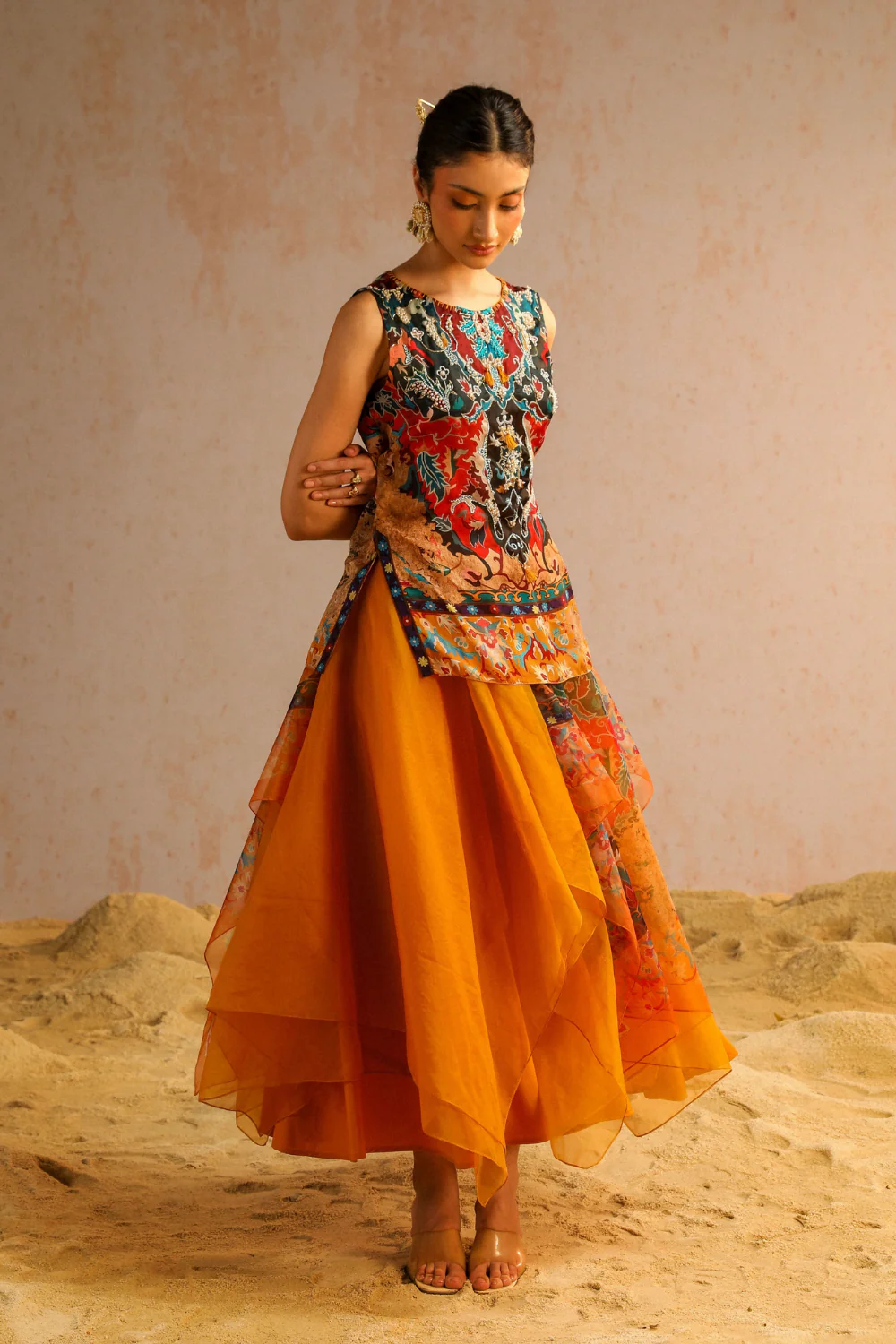 Mustard yellow layered skirt with short kurti - Image 4