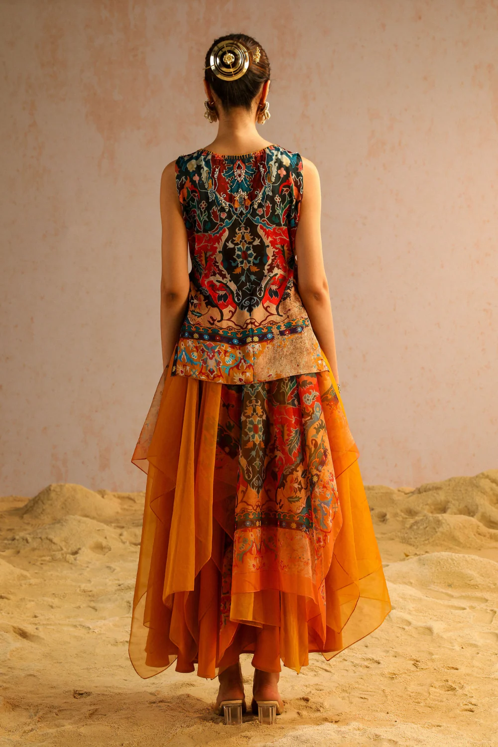 Mustard yellow layered skirt with short kurti - Image 5