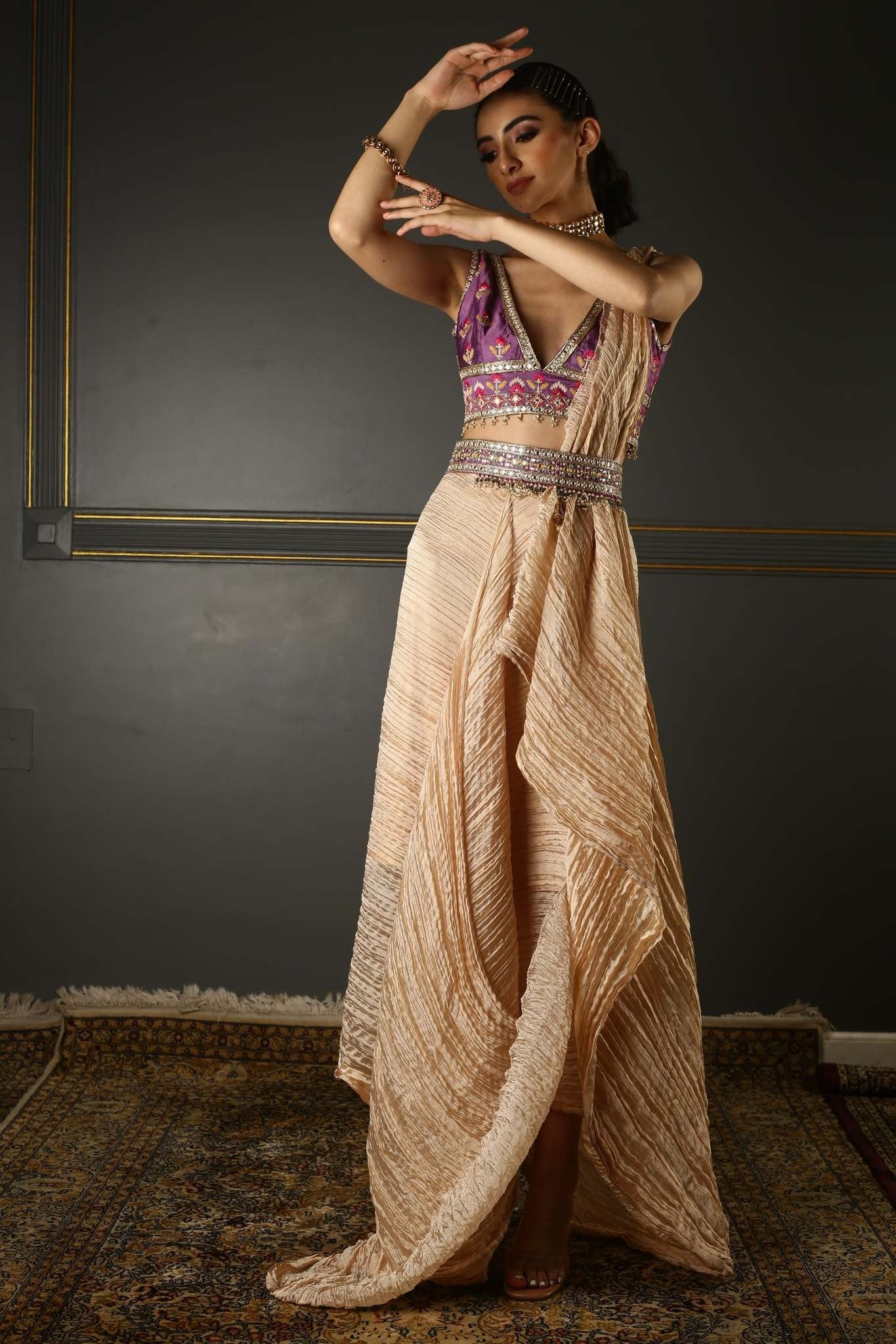 Onion Pink Hand-Embroidered Draped Textured Georgette-Silk Skirt - Image 3