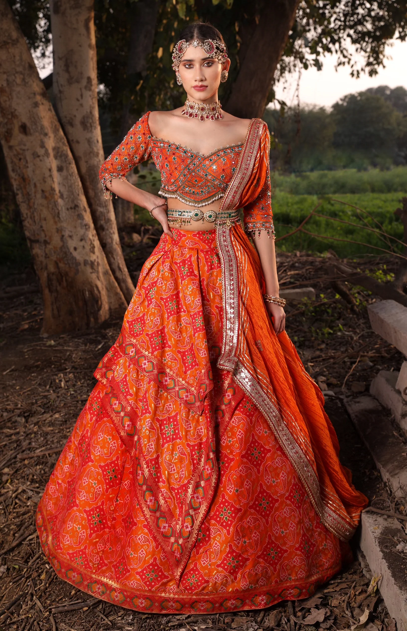Orange Ikat Silk Lehenga - Image 3