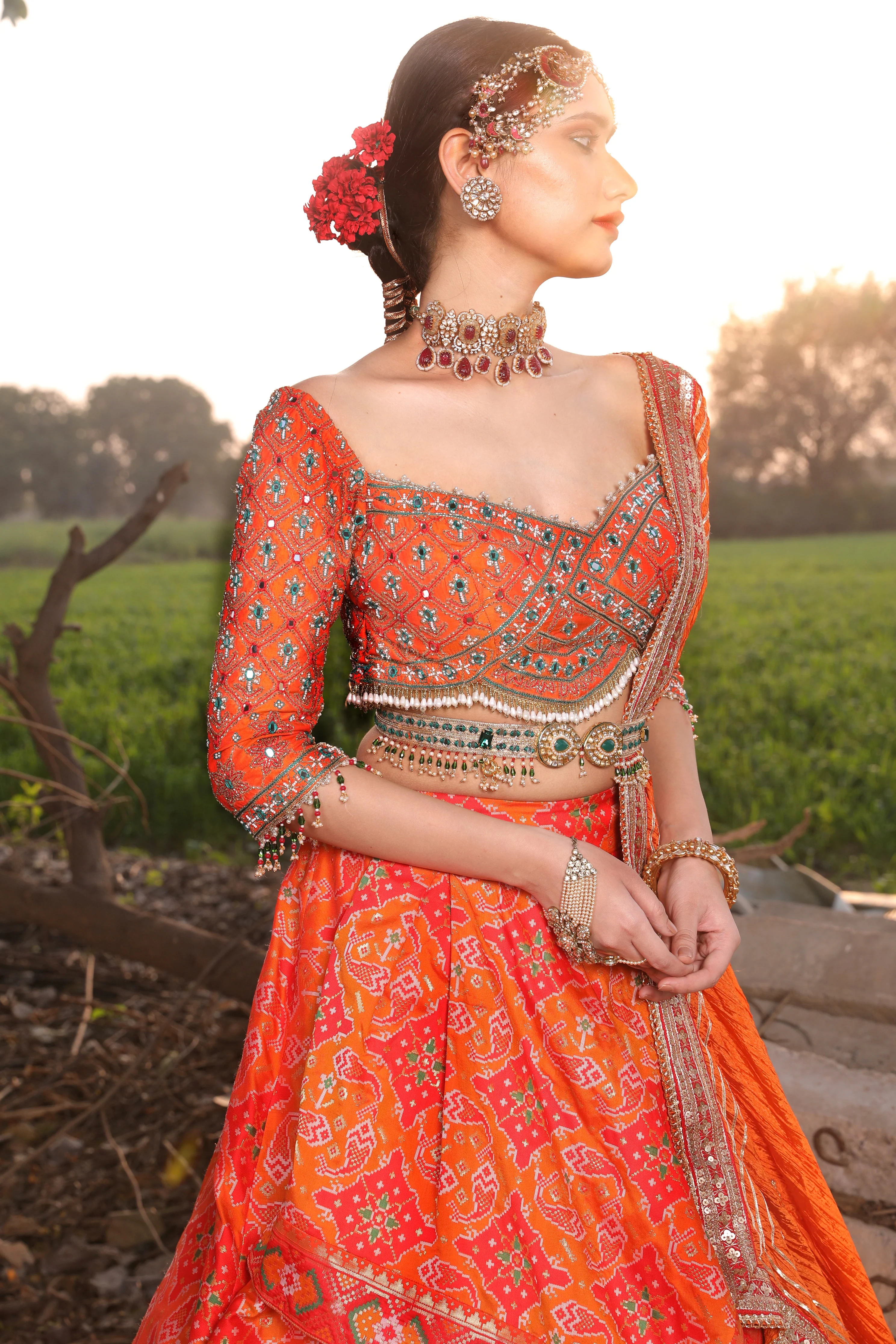 Orange Ikat Silk Lehenga - Image 4