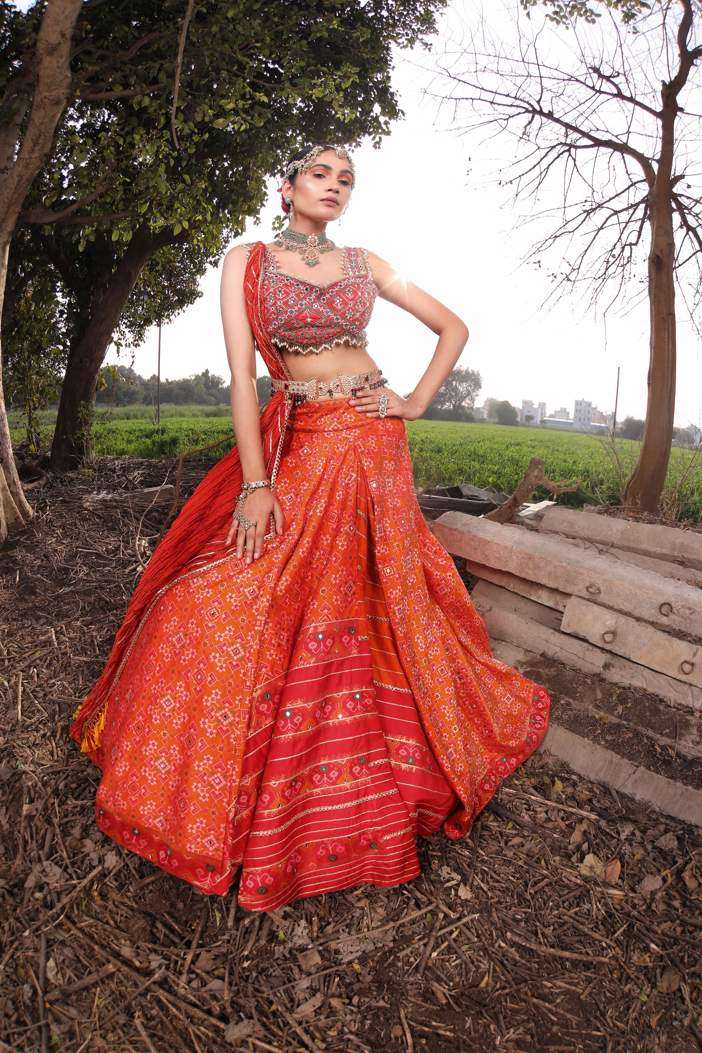 Orange Woven Banarasi Silk Lehenga - Image 3