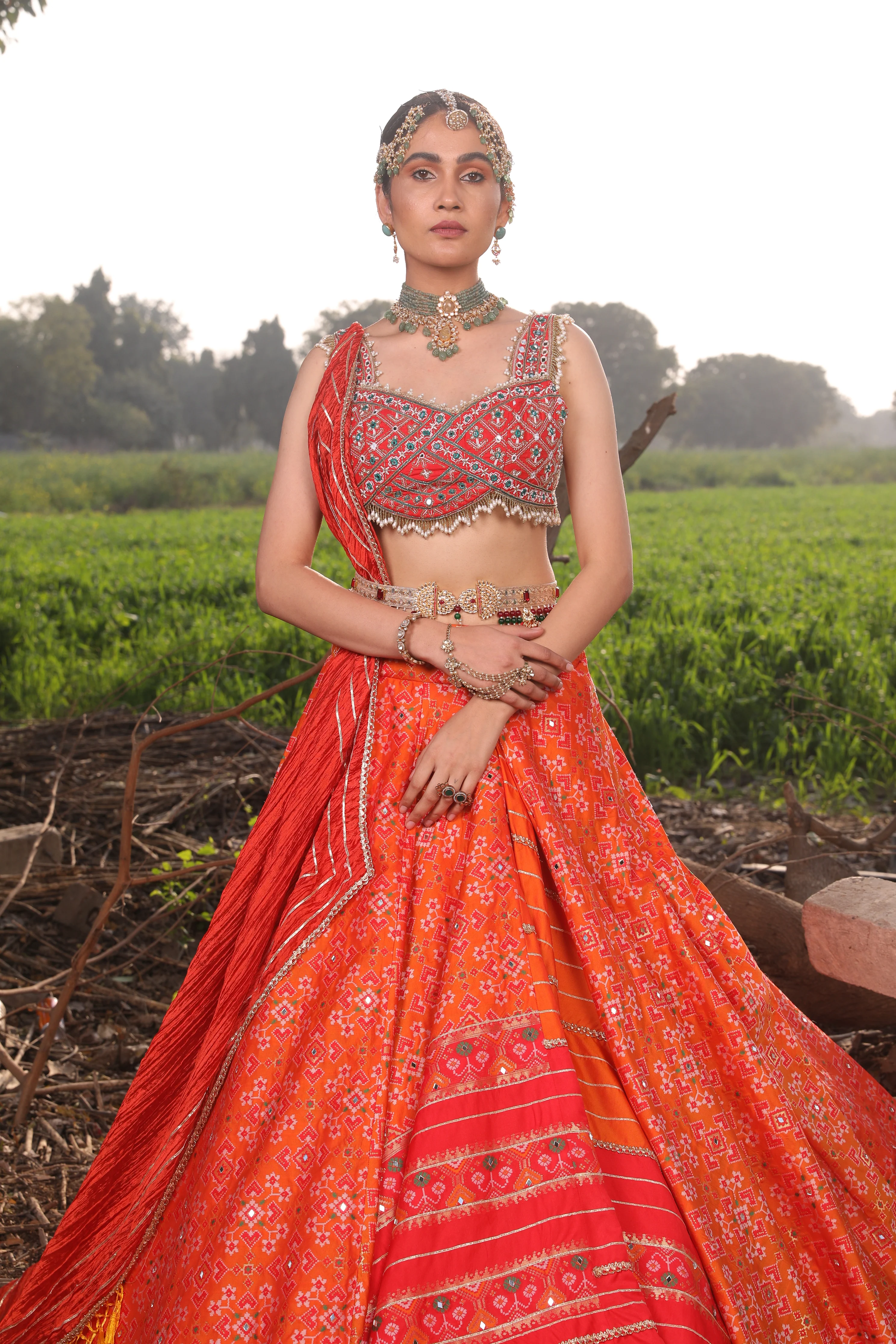Orange Woven Banarasi Silk Lehenga - Image 4
