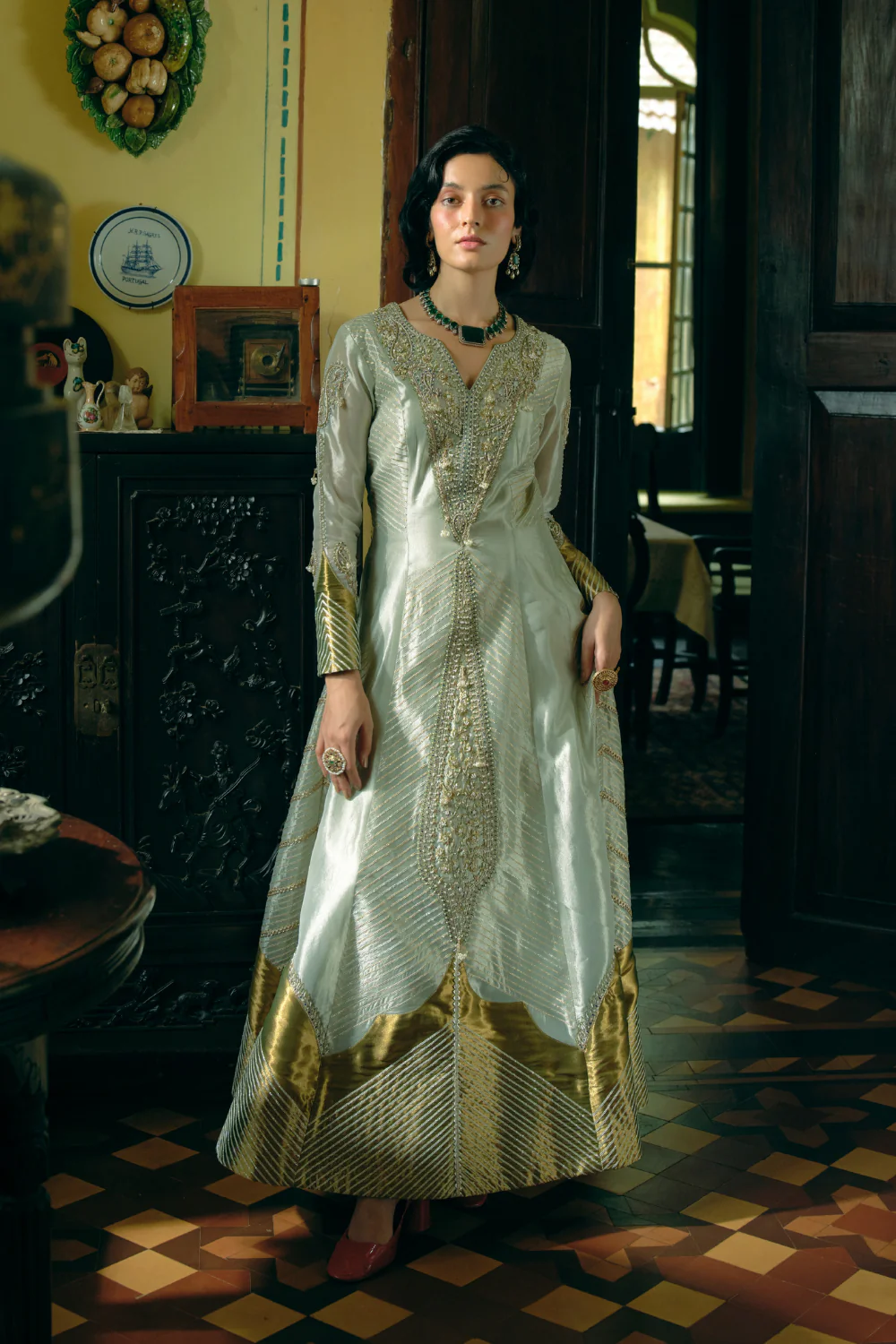 Pearl gold silk zari tissue anarkali - Image 4