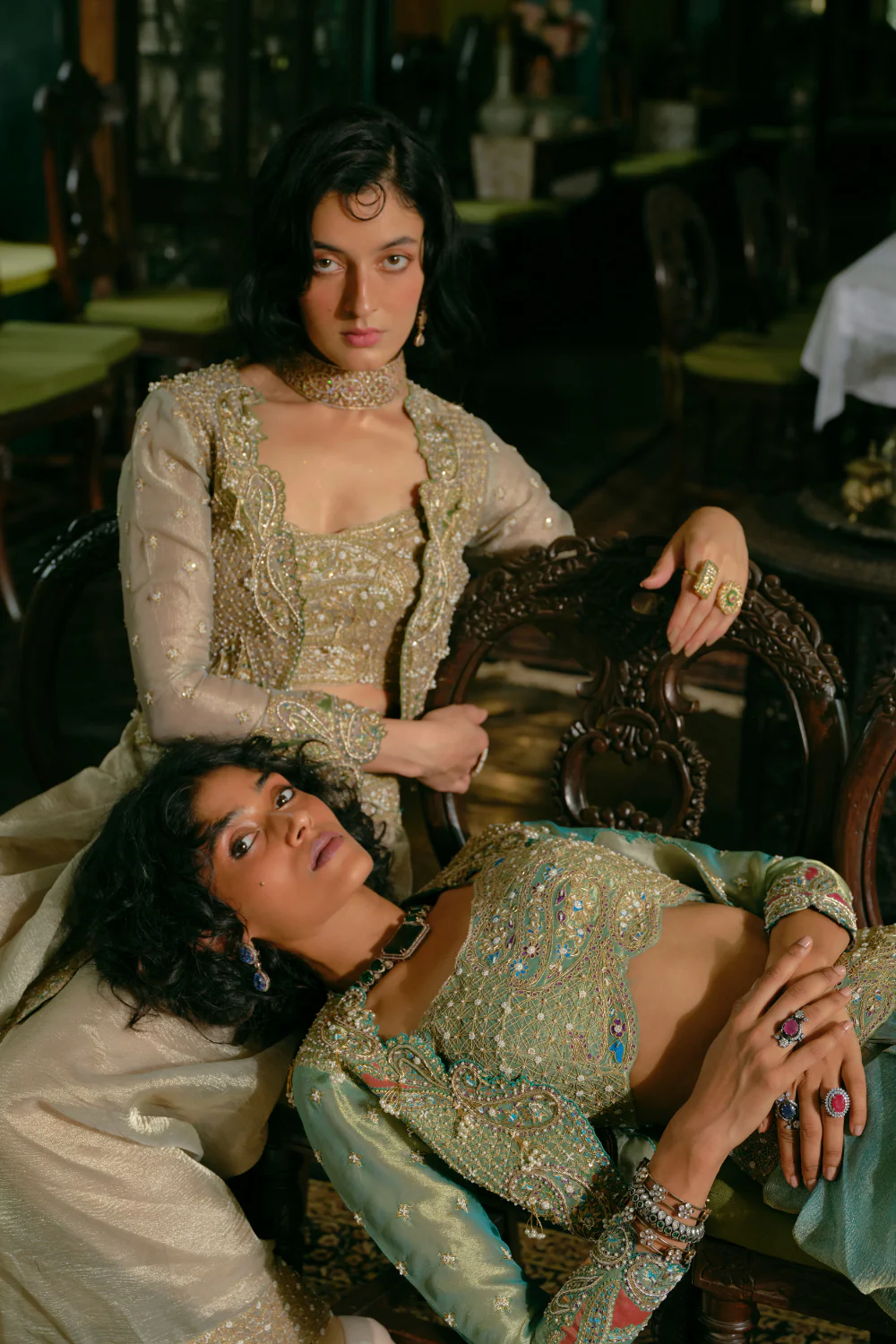 Pearl Gold silk zari tissue draped skirt and croped jacket - Image 3