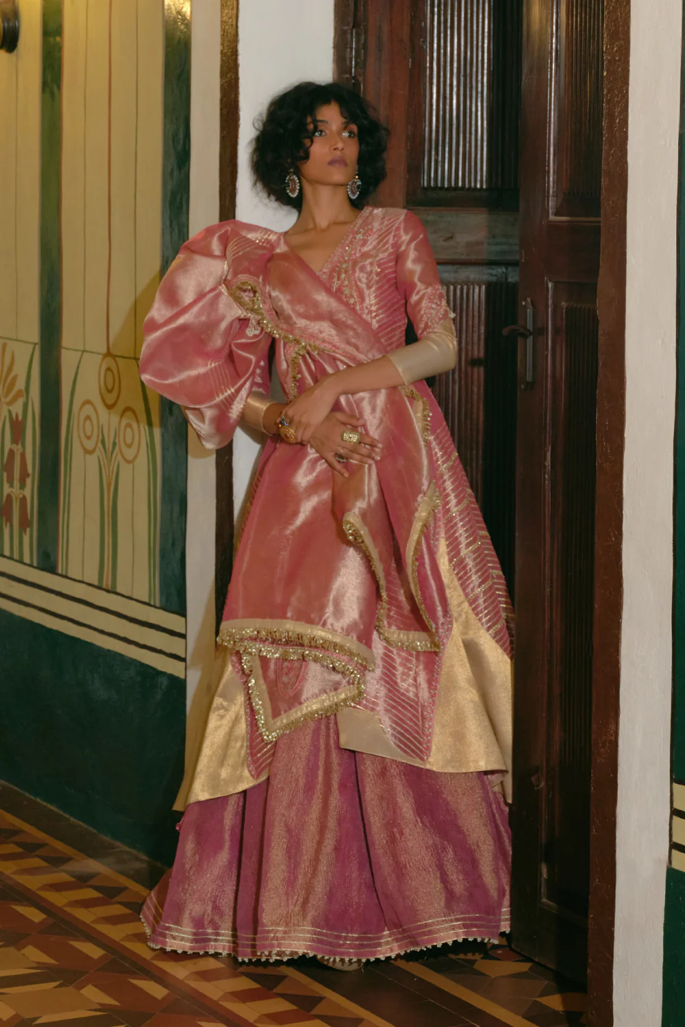 Pink silk zari tissue jacket with skirt - Image 3