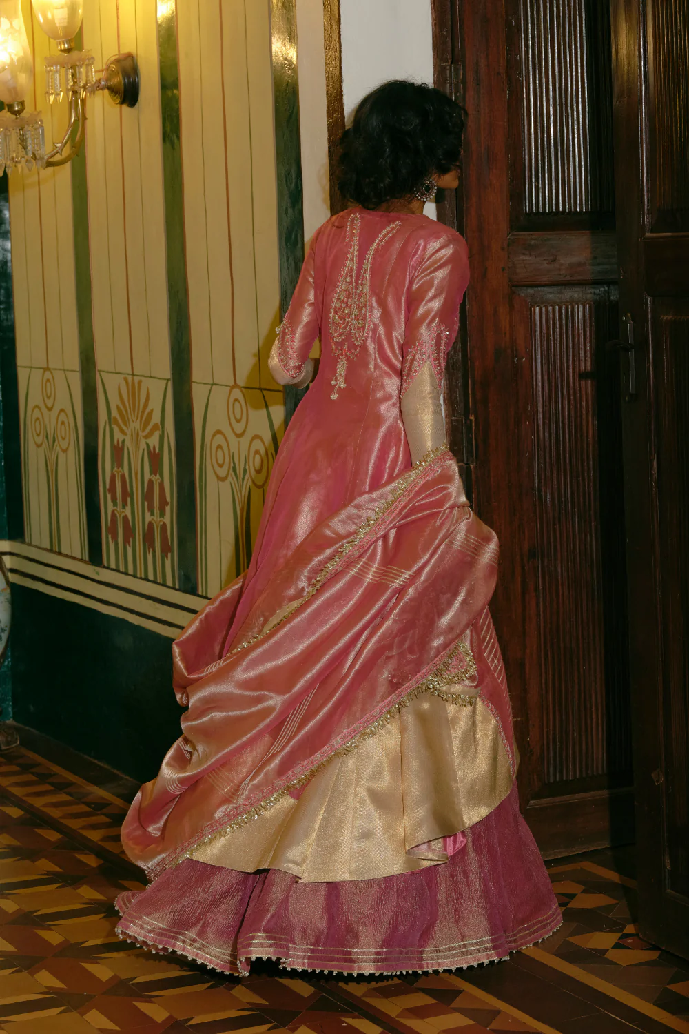 Pink silk zari tissue jacket with skirt - Image 4