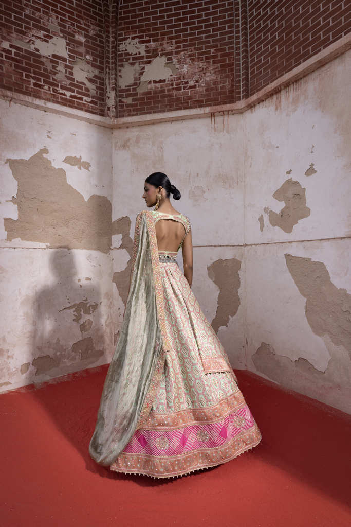 Pista Bandhani Banarasi Woven Lehenga - Image 3