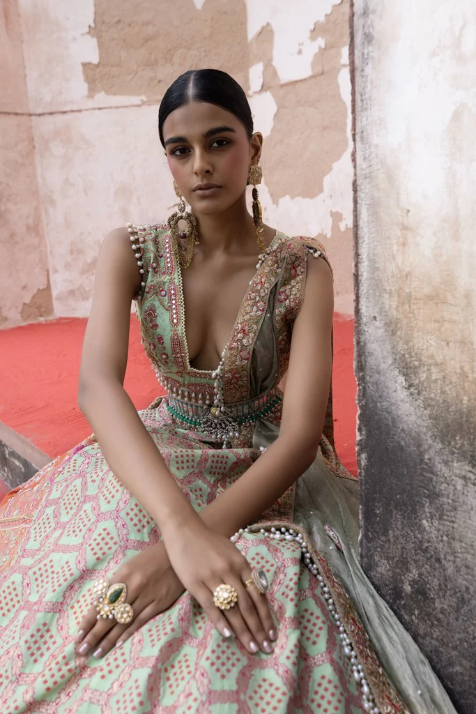 Pista Bandhani Banarasi Woven Lehenga - Image 4