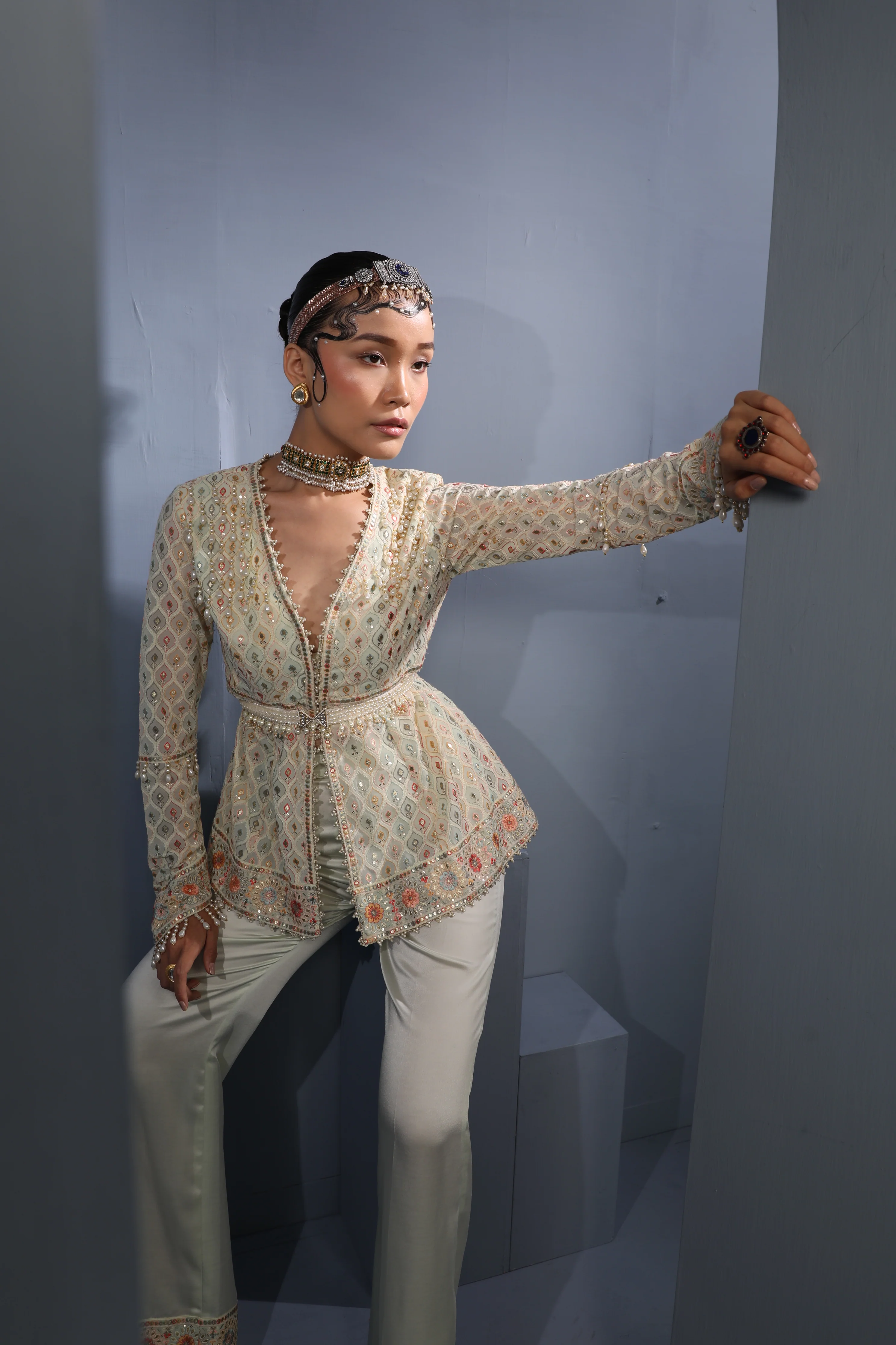 Pista Green Georgette Jacket-Palazzo - Image 3