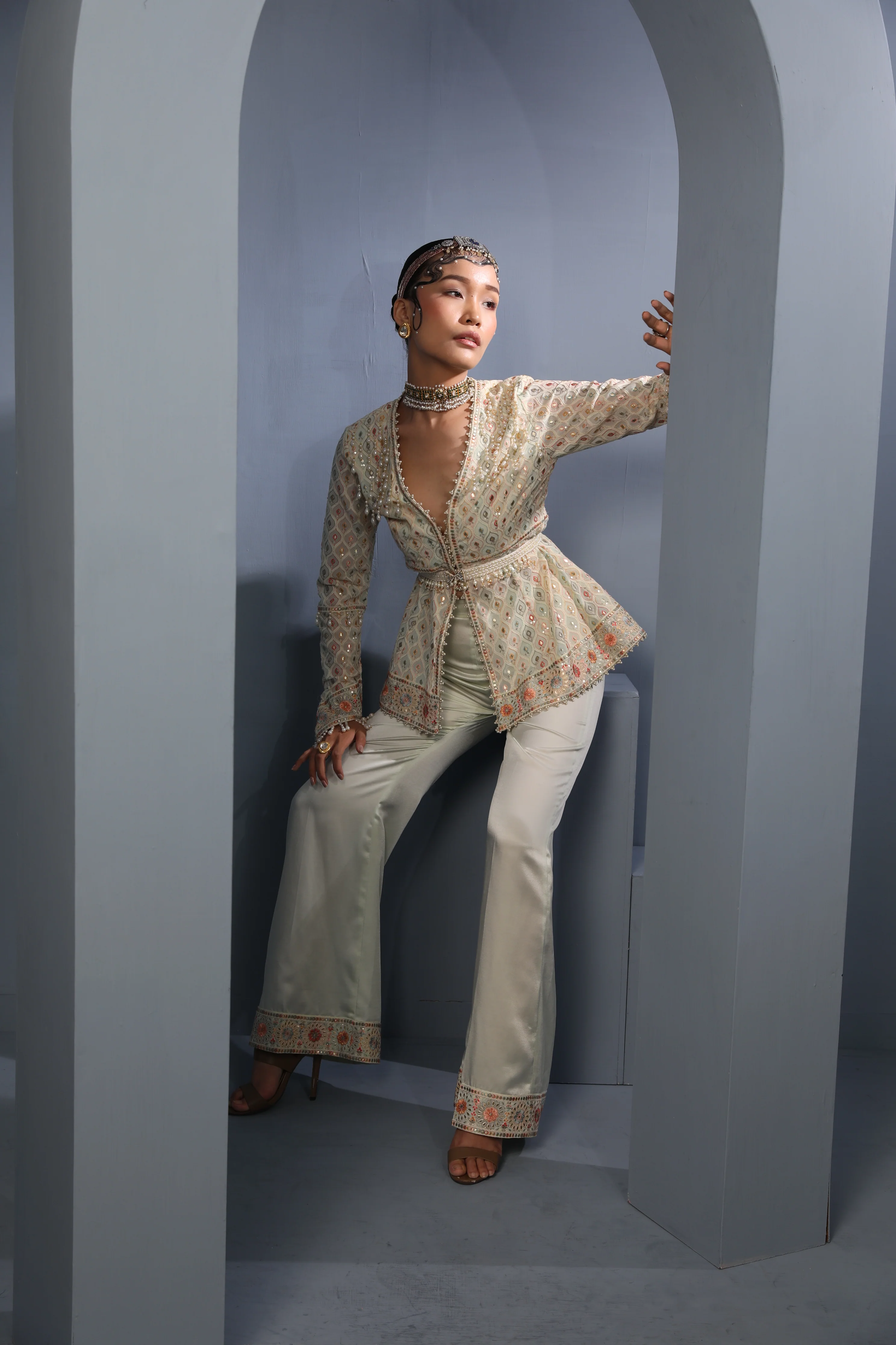 Pista Green Georgette Jacket-Palazzo - Image 4