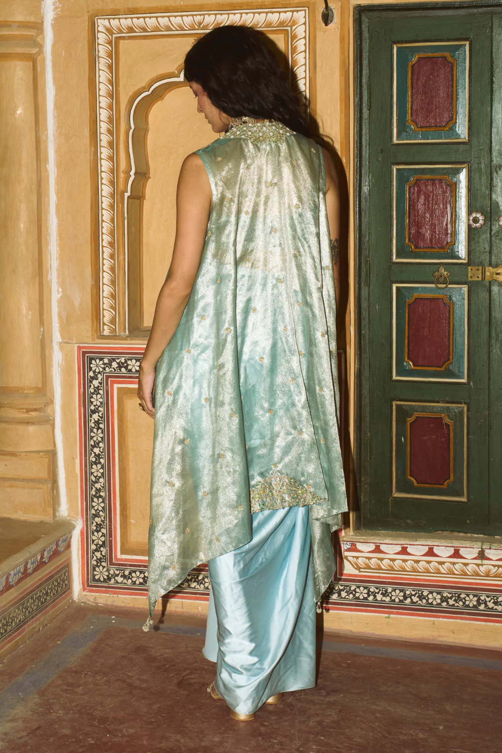 Powder Blue drape satin skirt set with cape - Image 3