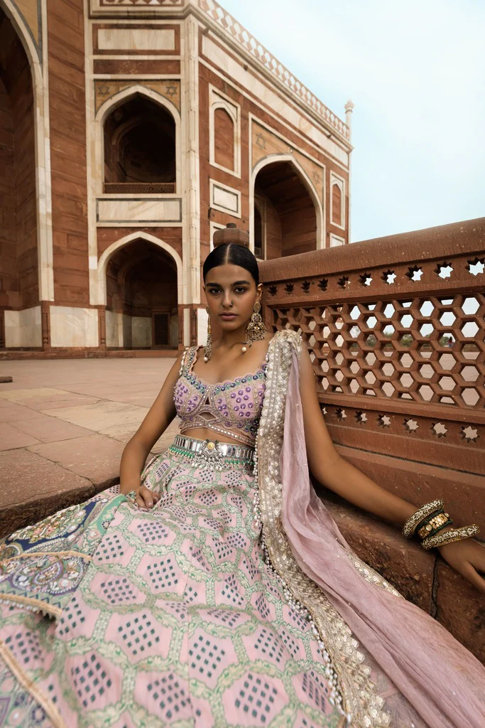 Powder Pink Bandhani Banarasi Chevron Lehenga - Image 3