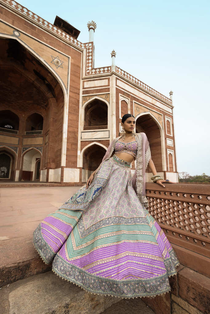 Powder Pink Bandhani Banarasi Chevron Lehenga - Image 4