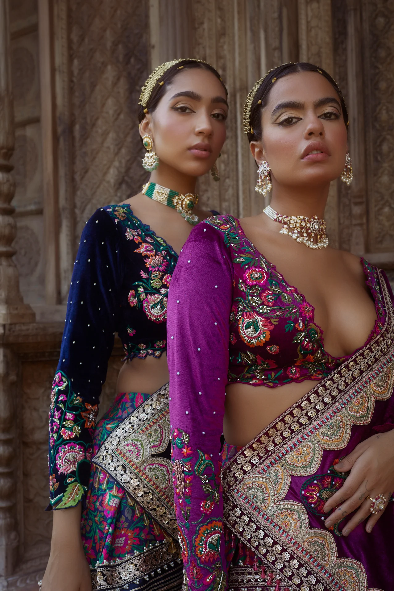 Purple Floral Silk-Velvet Jamawar Lehenga - Image 5