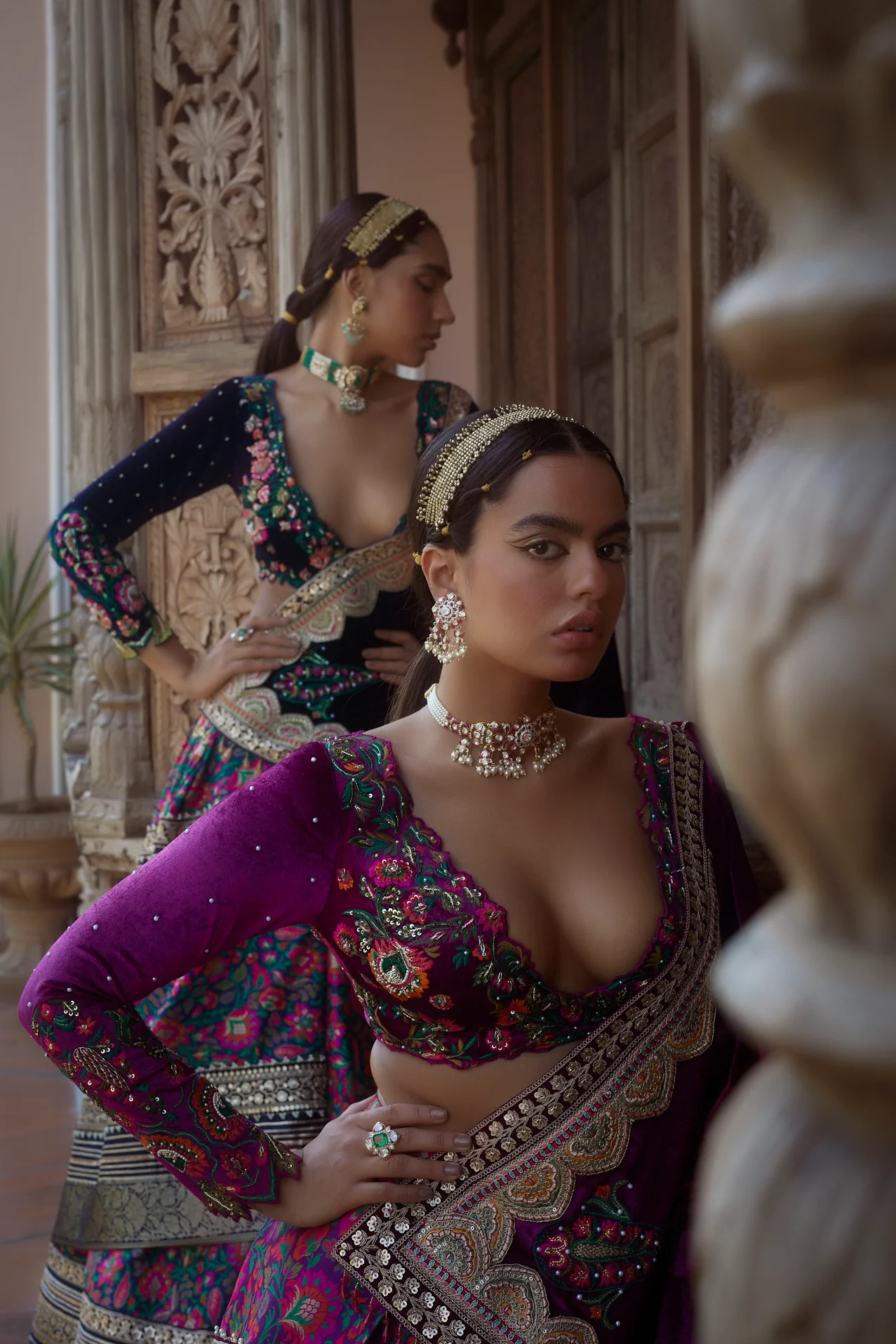 Purple Floral Silk-Velvet Jamawar Lehenga - Image 7