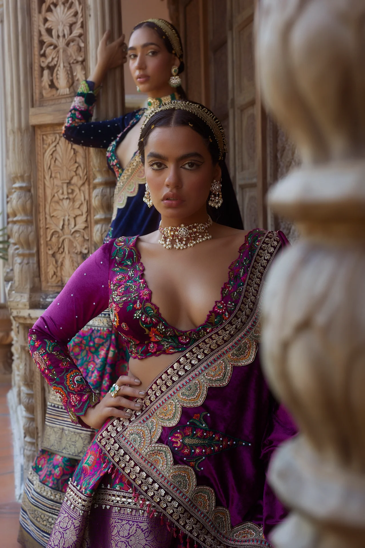 Purple Floral Silk-Velvet Jamawar Lehenga - Image 8