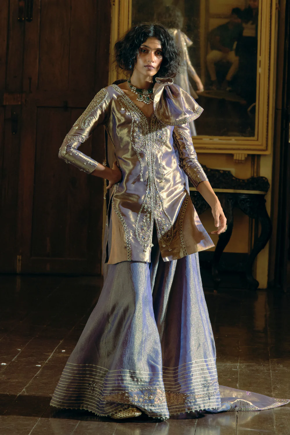 Purple silk zari tissue kurta and sharara with dupatta set - Image 3