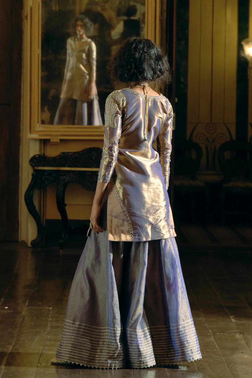 Purple silk zari tissue kurta and sharara with dupatta set - Image 4