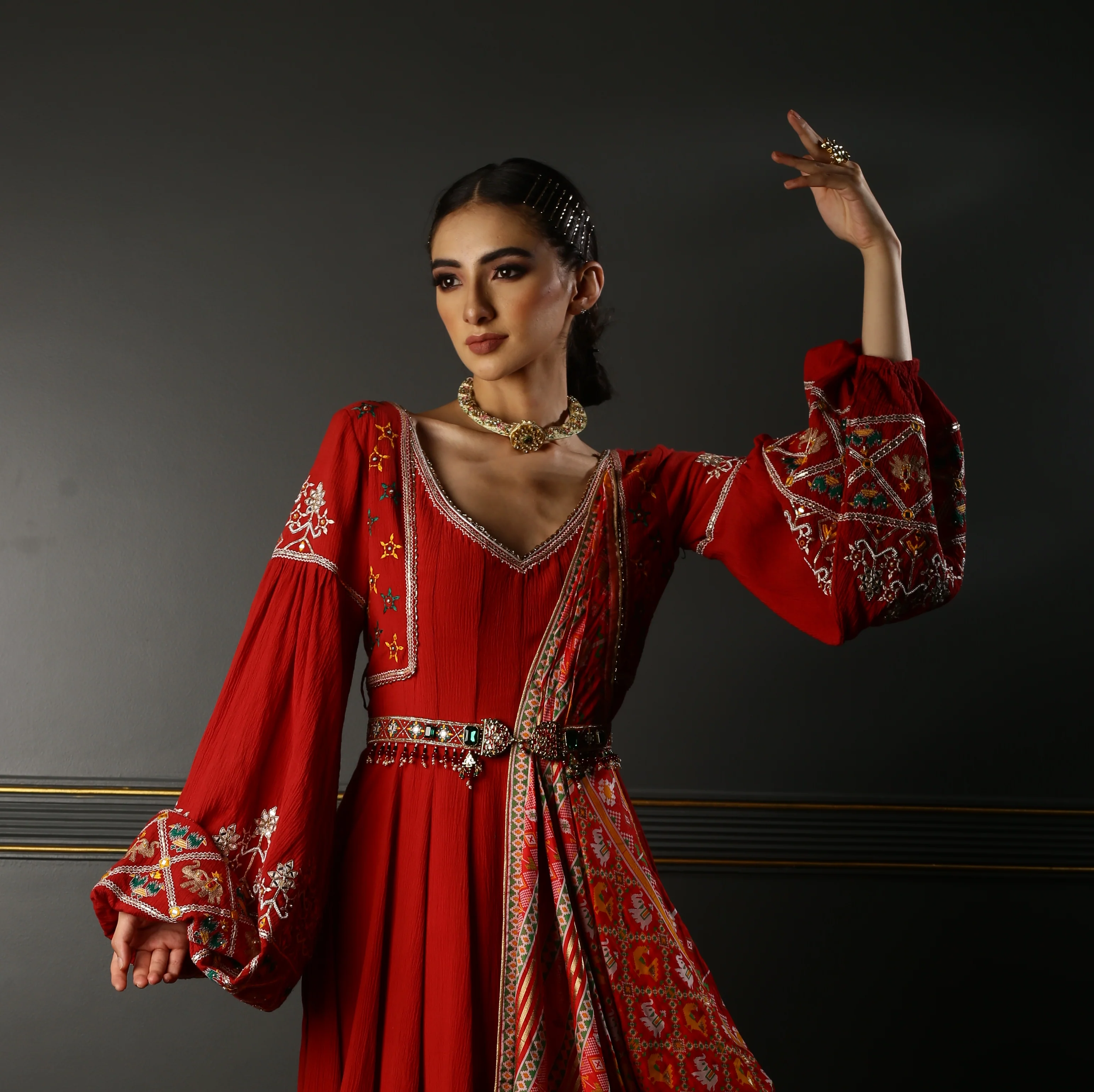 Niki Mehra Madan in RUBY RED DRAPED GEORGETT ANARKALI - Image 3