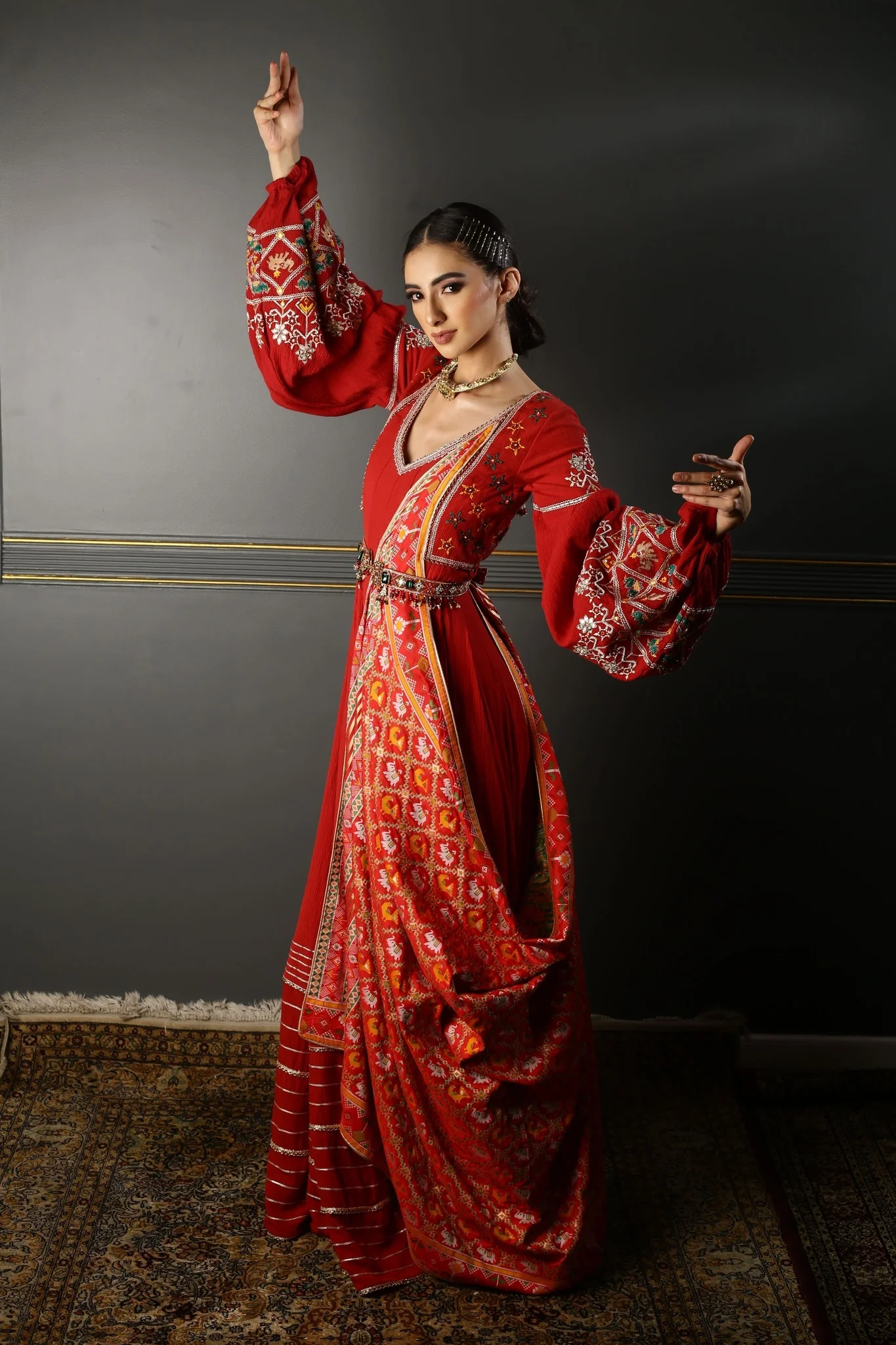 Niki Mehra Madan in RUBY RED DRAPED GEORGETT ANARKALI - Image 4