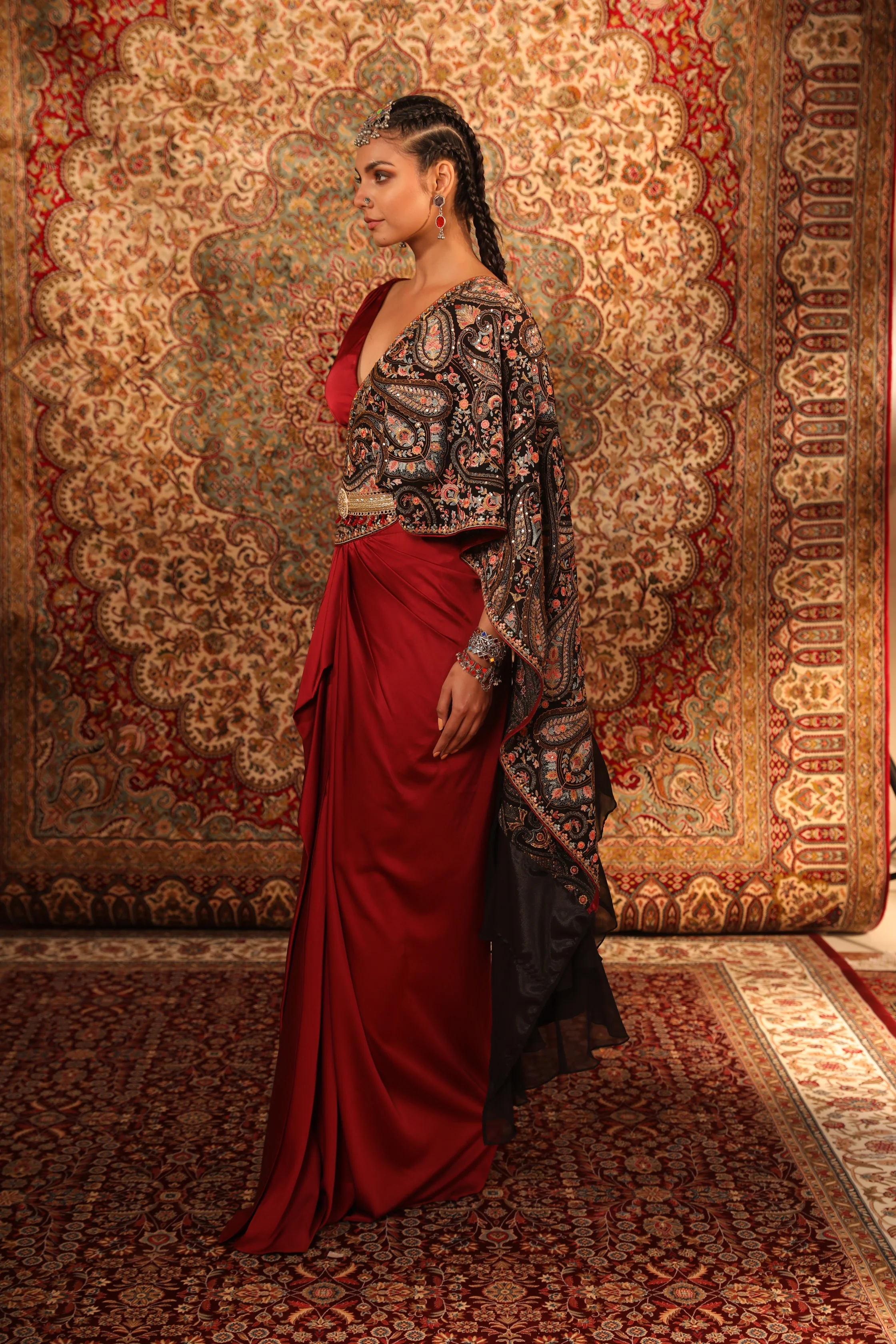 Red Kashida Draped Saree - Image 3