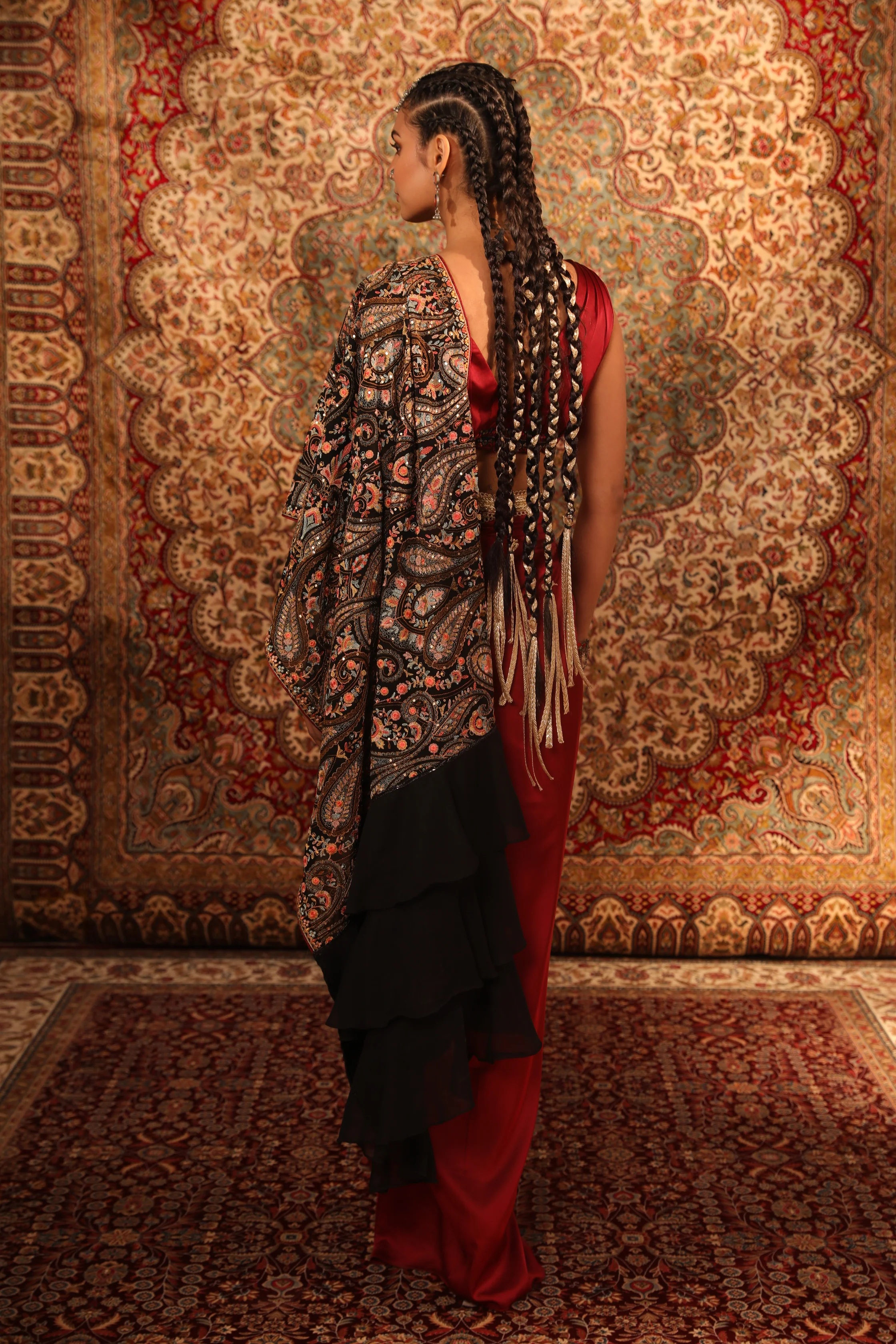 Red Kashida Draped Saree - Image 4
