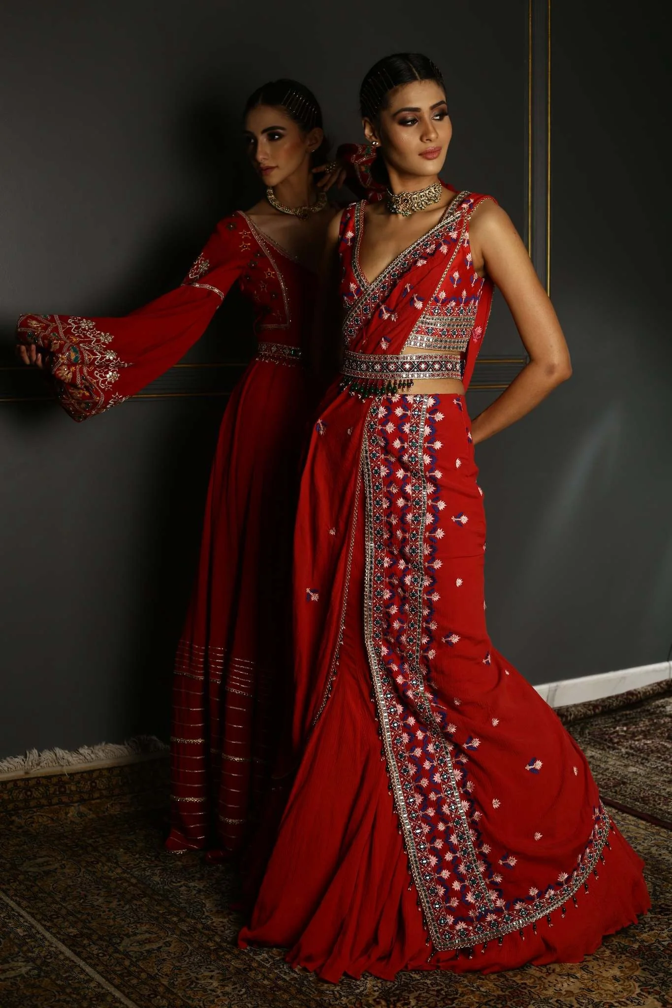 Ruby Red Draped Georgette Saree - Image 3