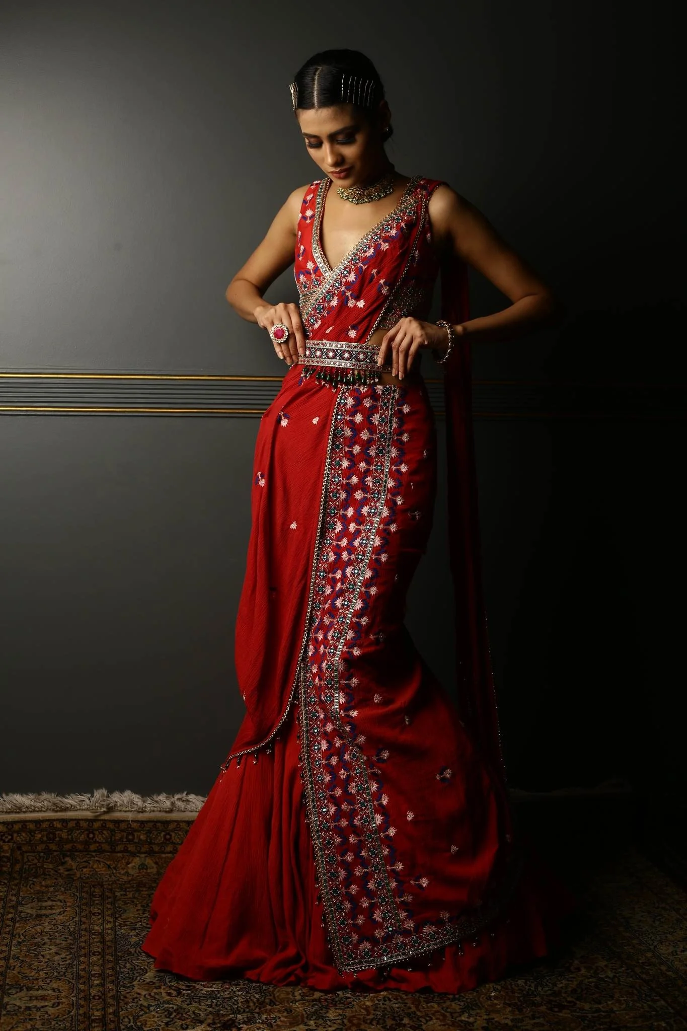 Ruby Red Draped Georgette Saree - Image 4