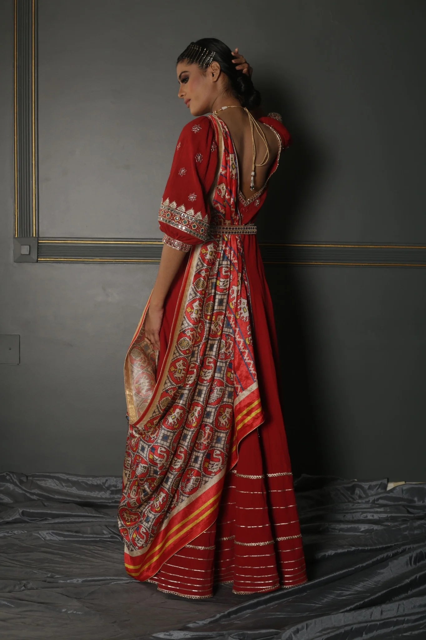 Ruby Red Zardozi Hand-Embroidered Georgette-Silk Anarkali - Image 3
