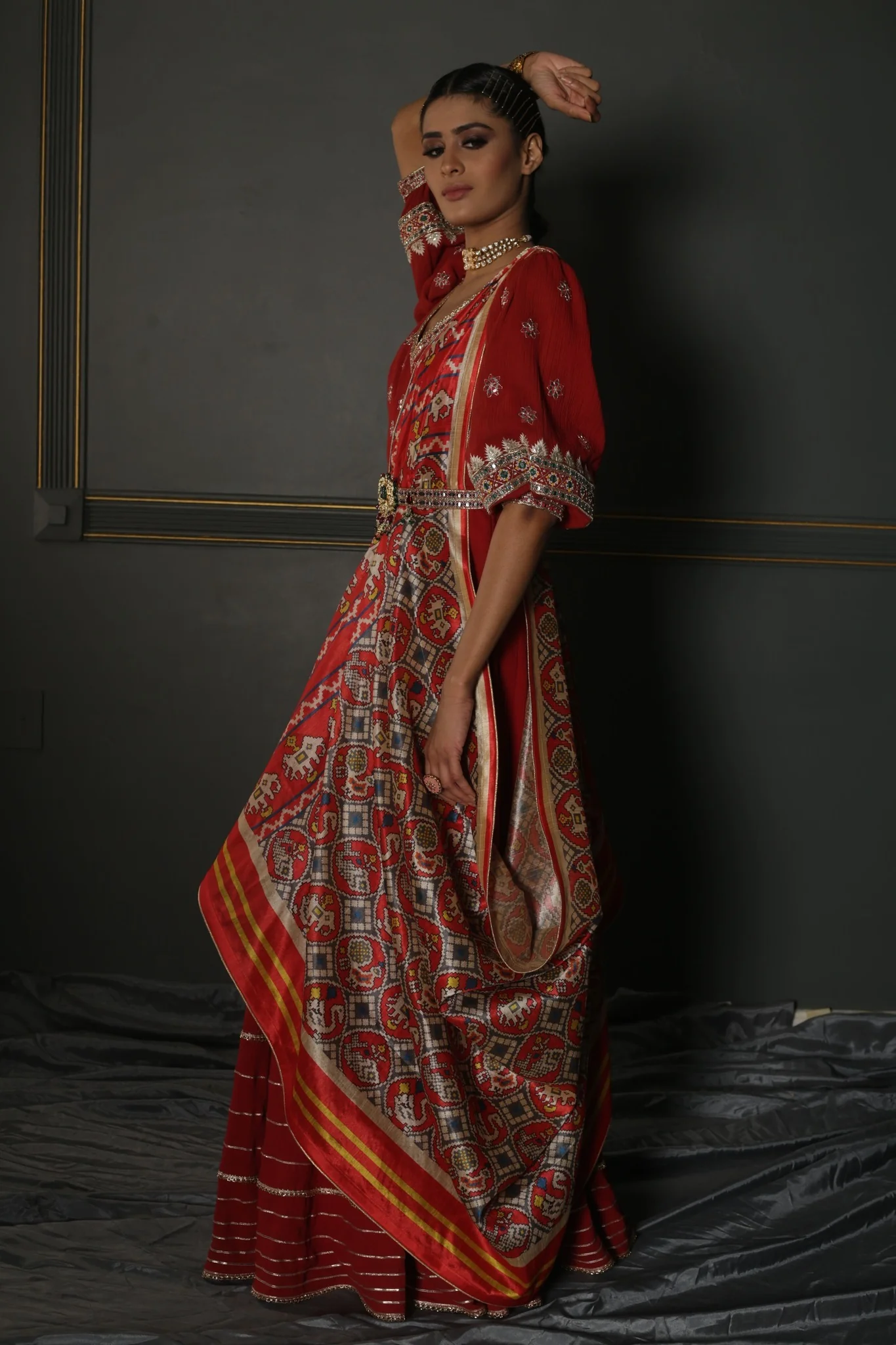 Ruby Red Zardozi Hand-Embroidered Georgette-Silk Anarkali - Image 4