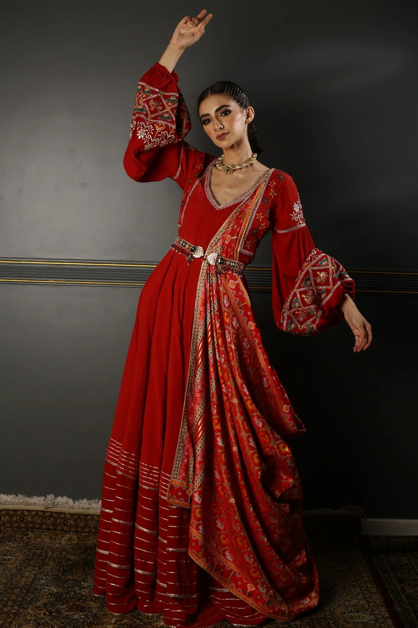 Ruby Red Draped Georgett Anarkali - Image 3