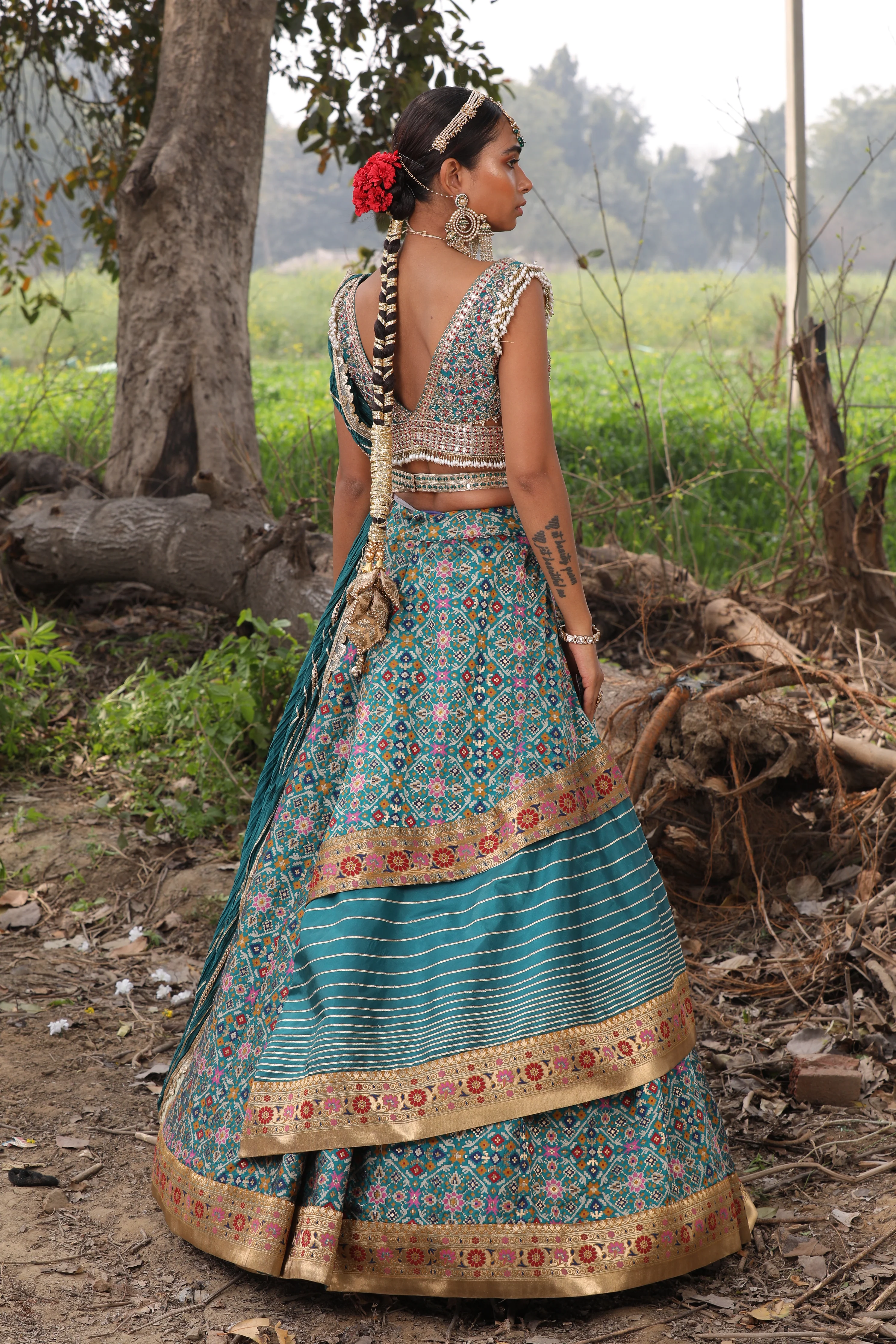 Teal Ikat Silk Lehenga - Image 3