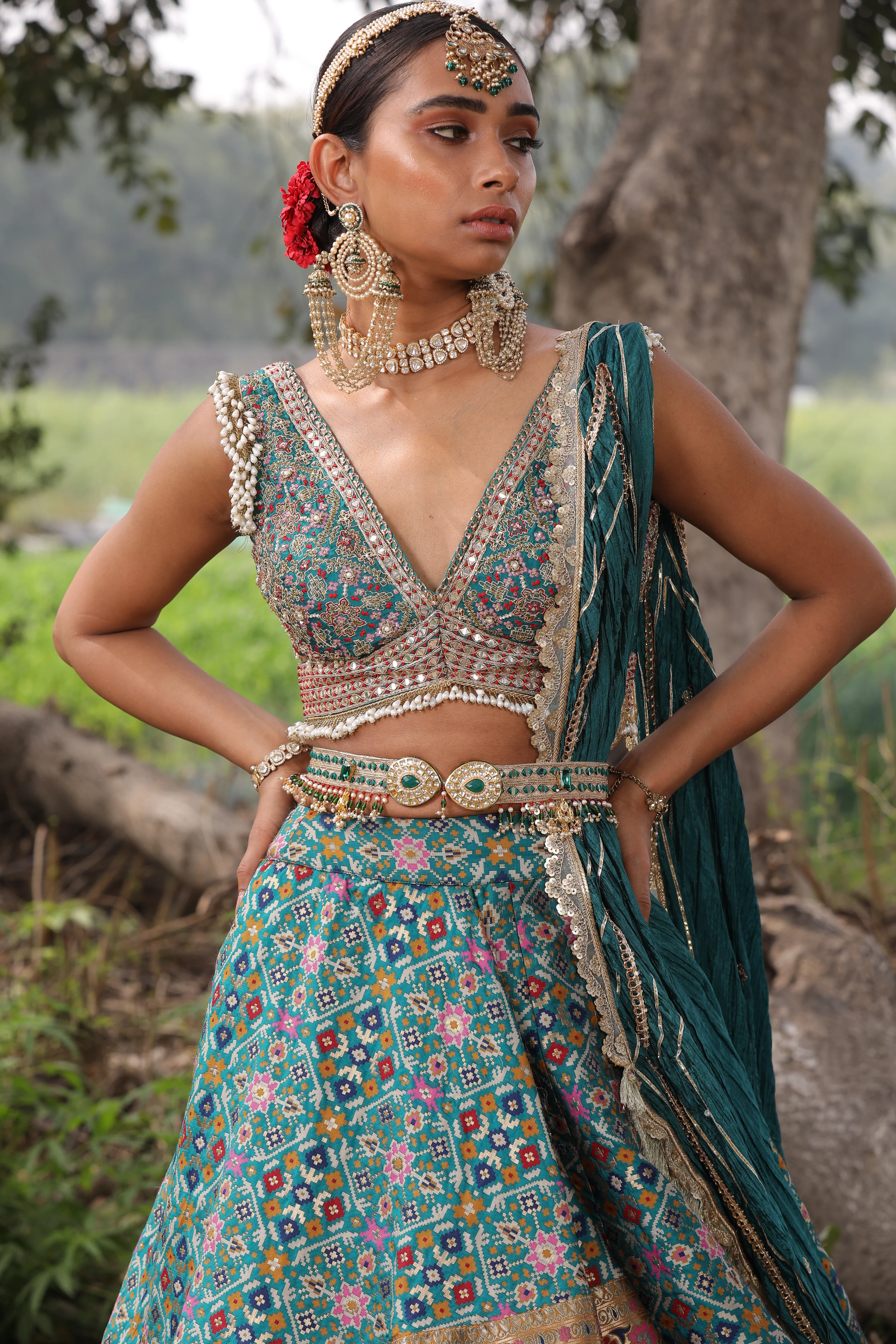 Teal Ikat Silk Lehenga - Image 7