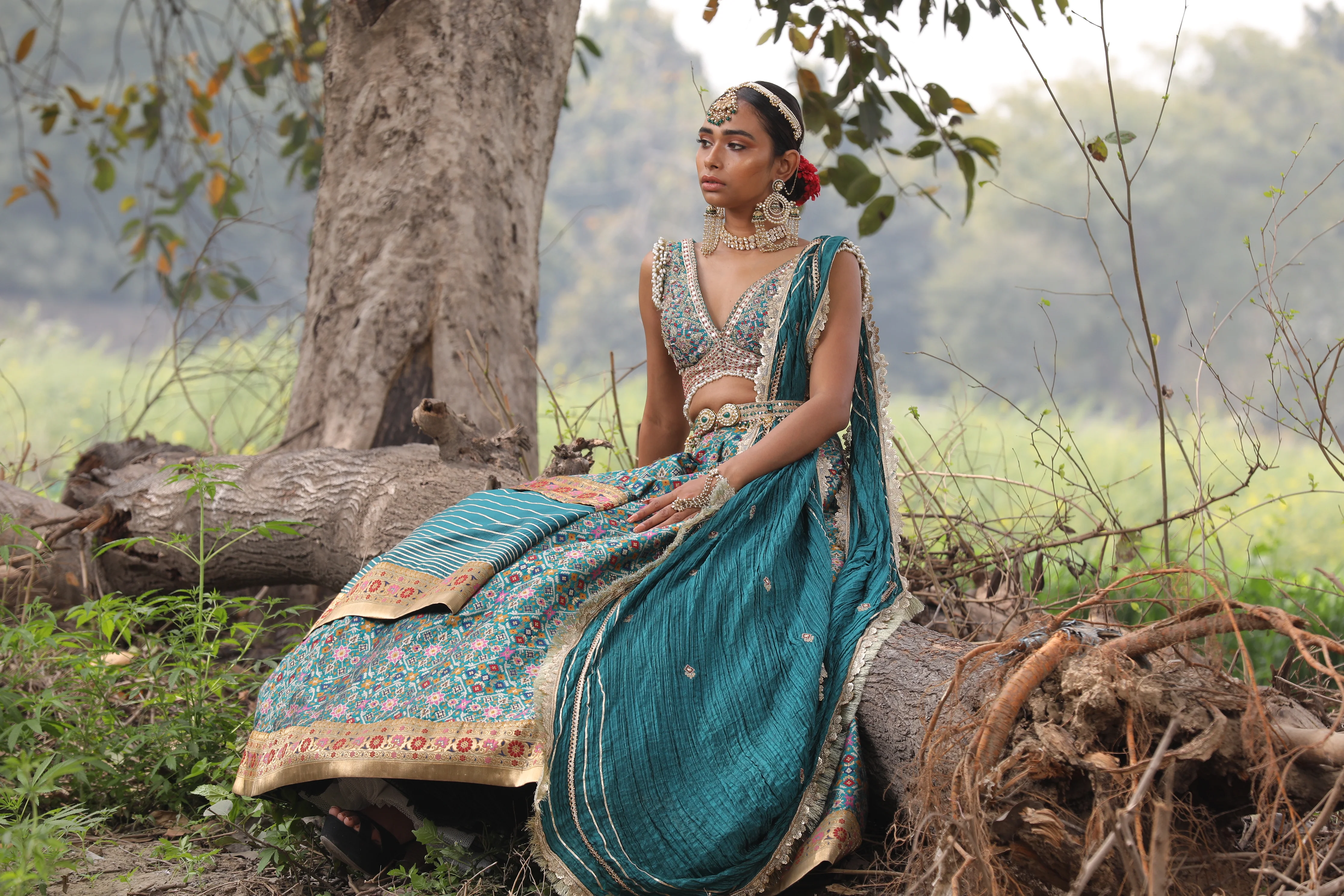 Teal Ikat Silk Lehenga - Image 9