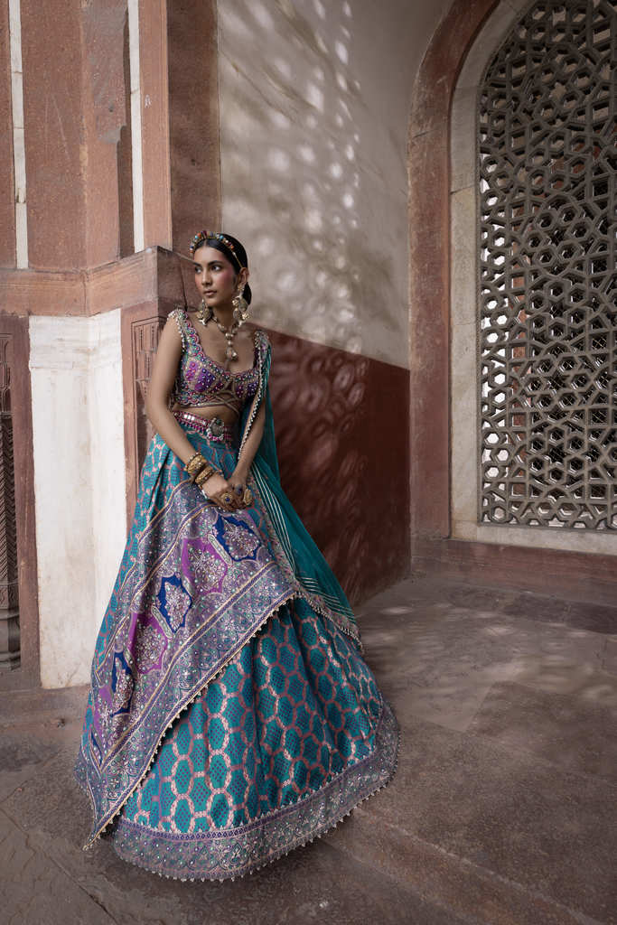 Teal Bandhani Banarasi Woven Lehenga - Image 3