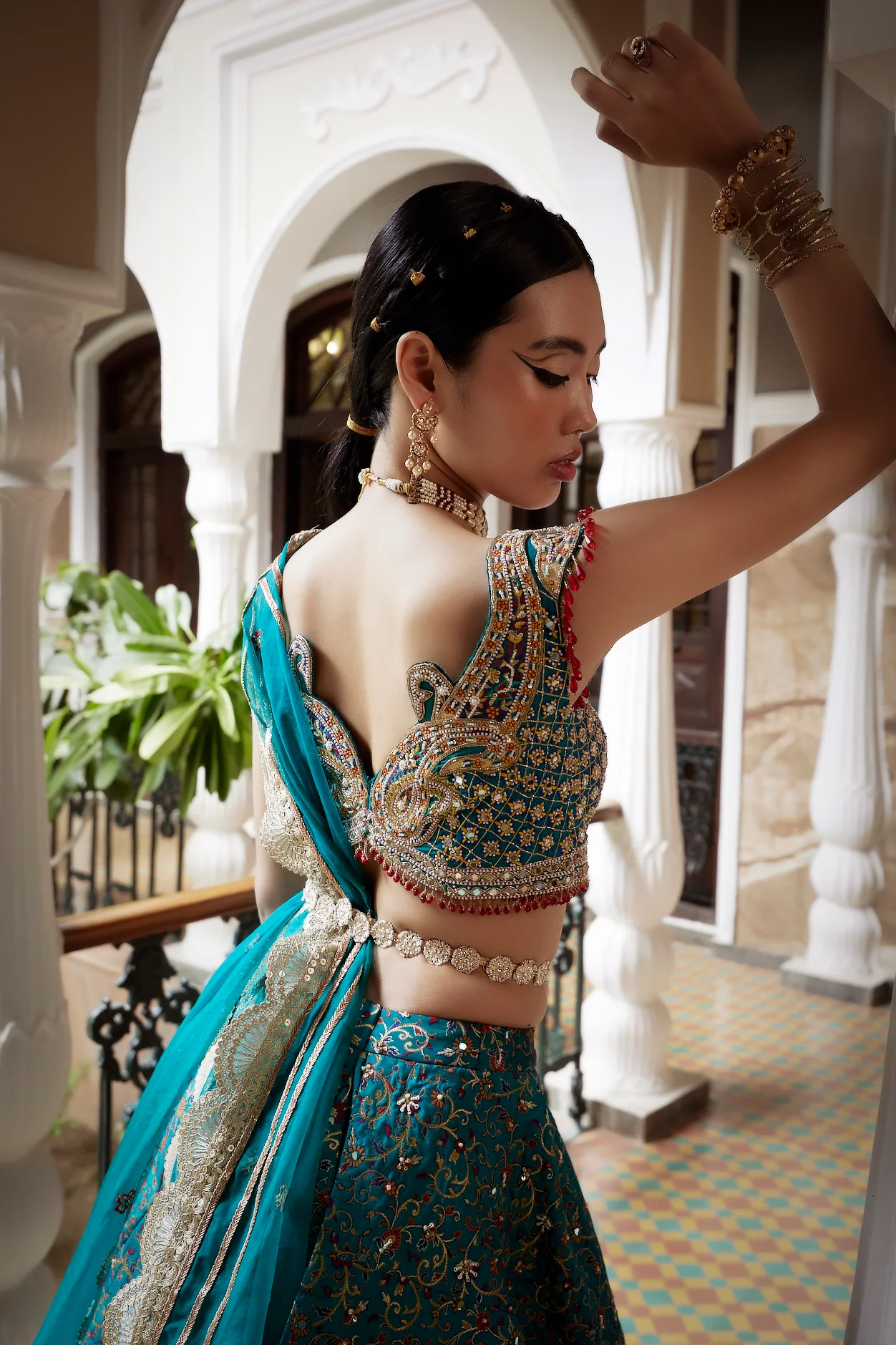 Teal Blue Jamawar Katan Silk Lehenga - Image 3