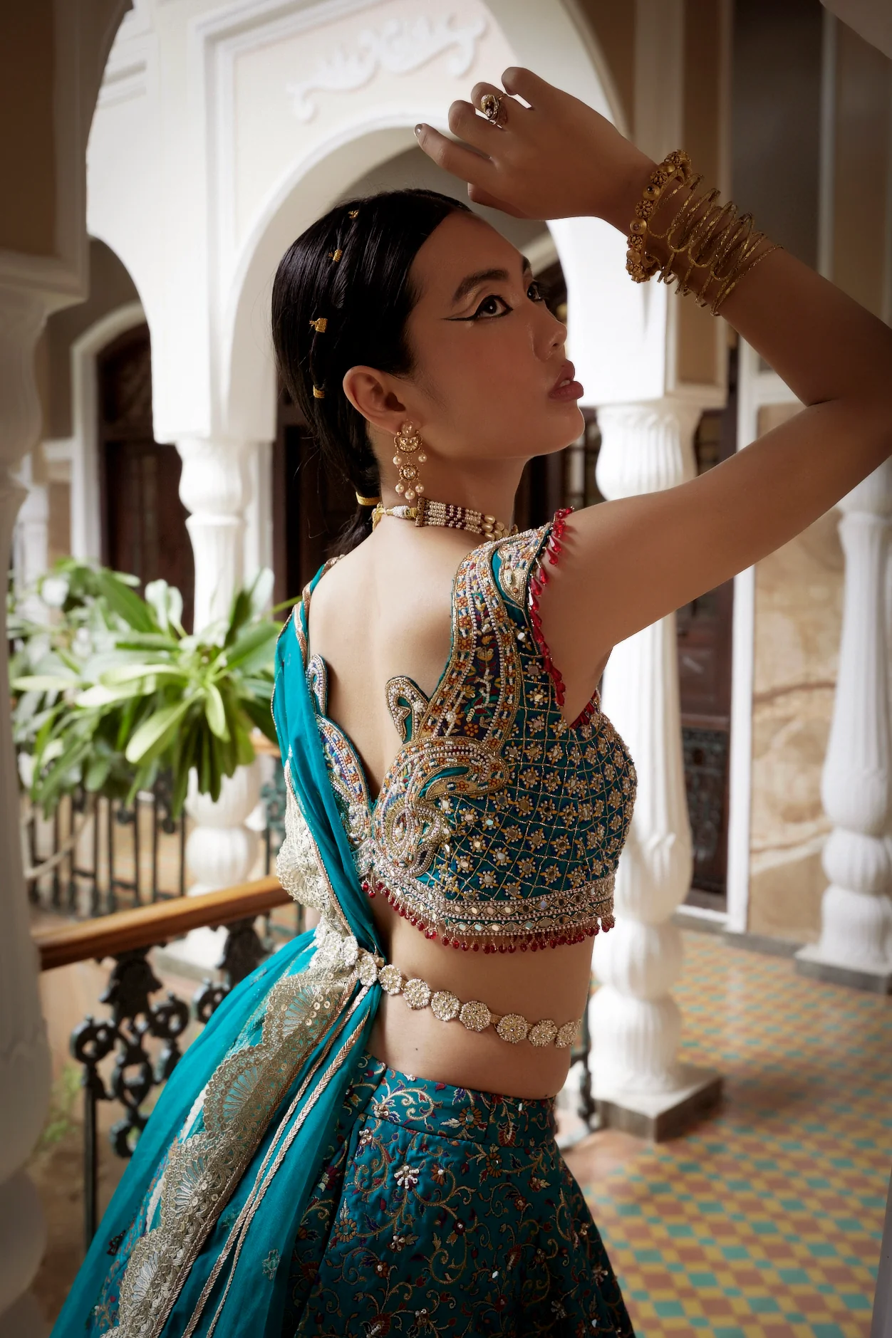 Teal Blue Jamawar Katan Silk Lehenga - Image 4