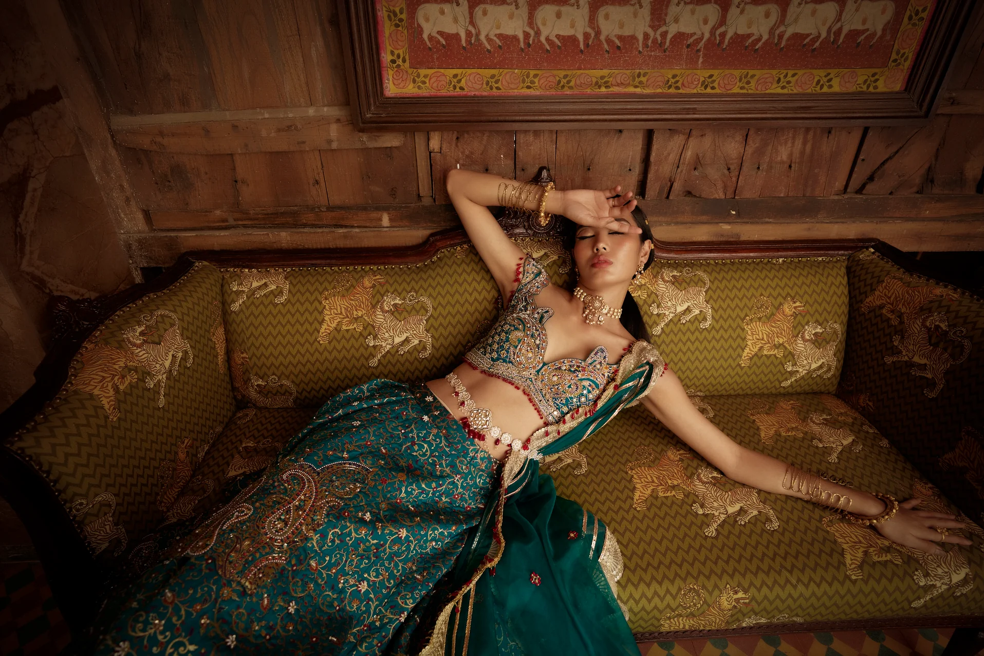 Teal Blue Jamawar Katan Silk Lehenga - Image 6