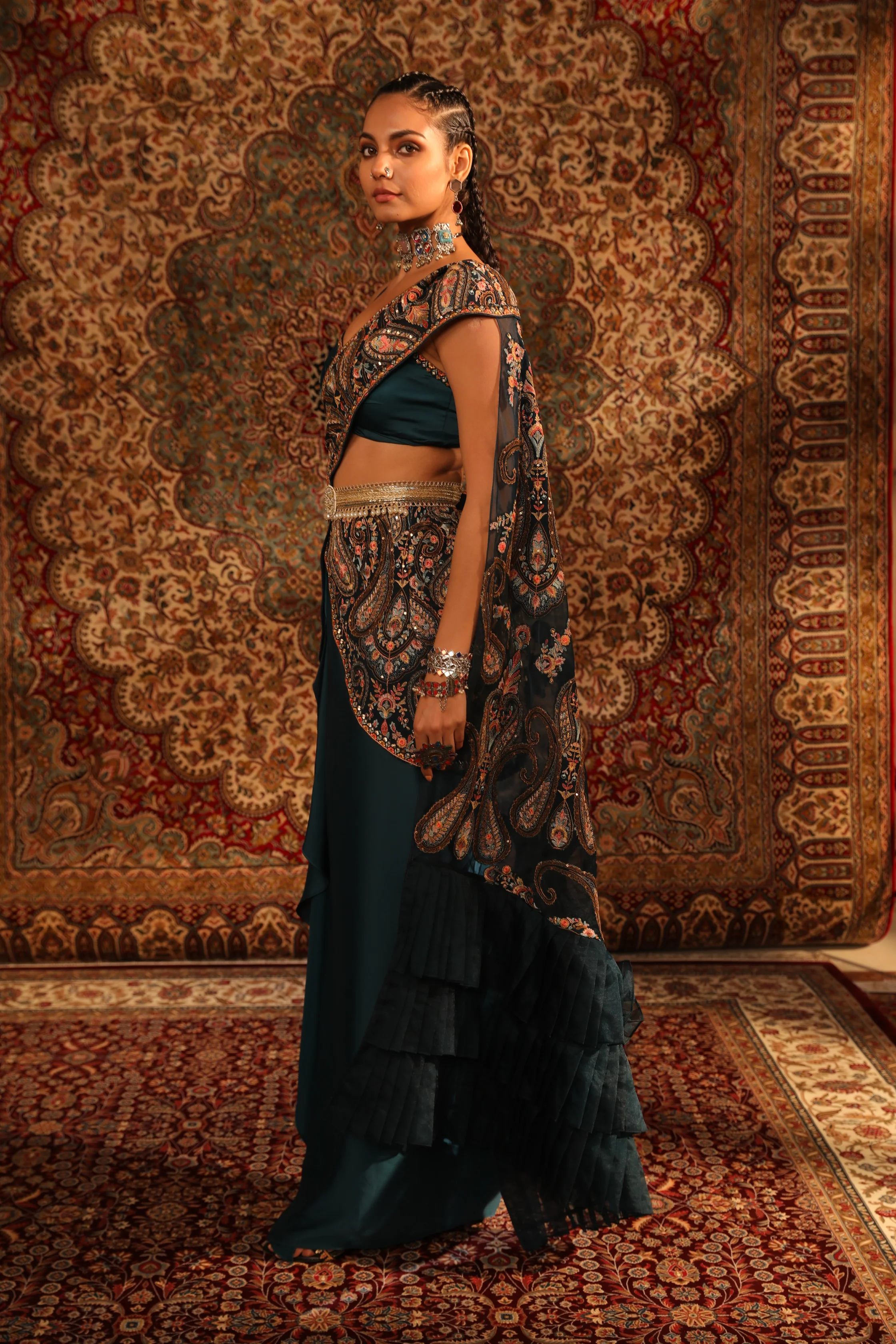Teal kashida draped saree - Image 3