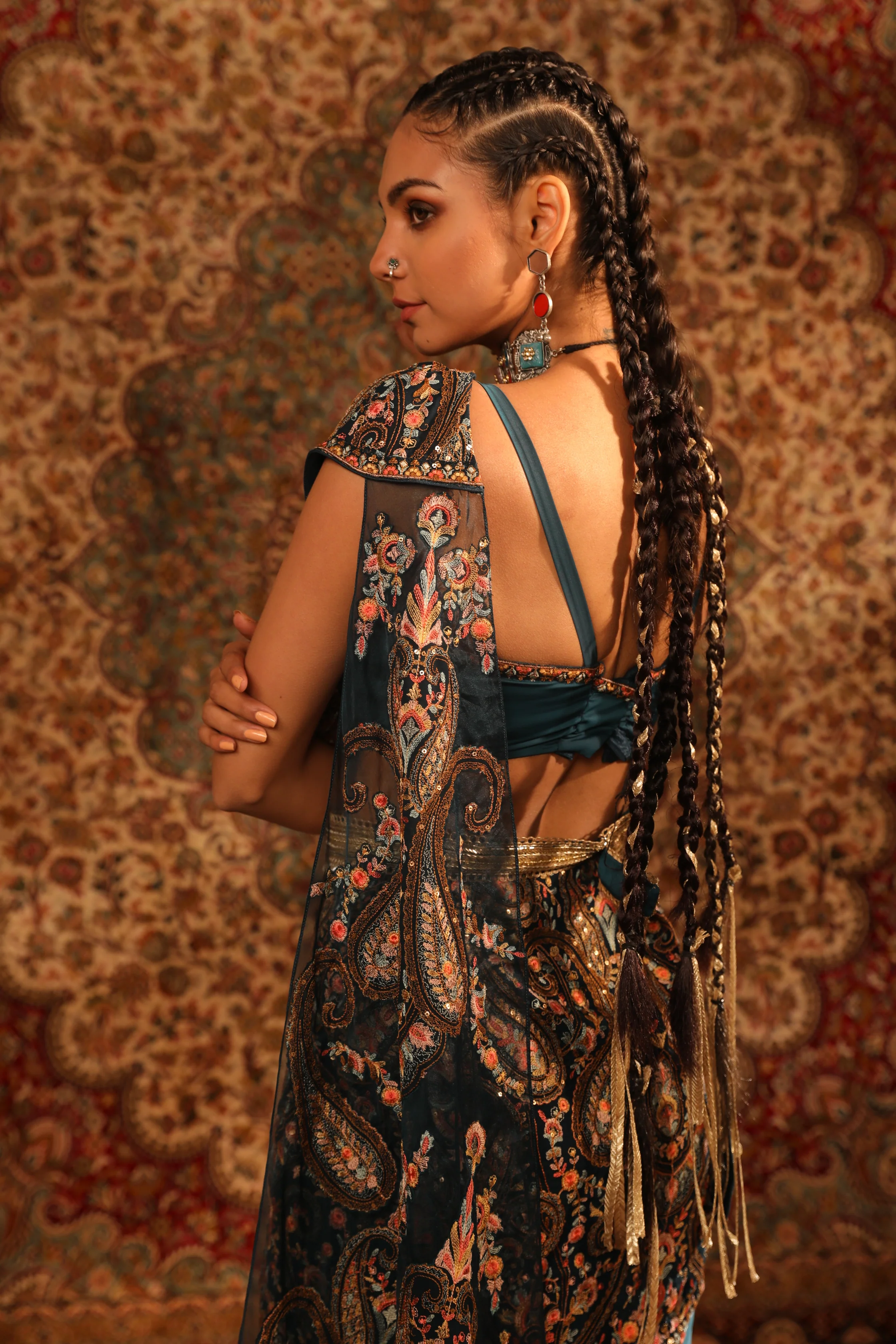 Teal kashida draped saree - Image 4