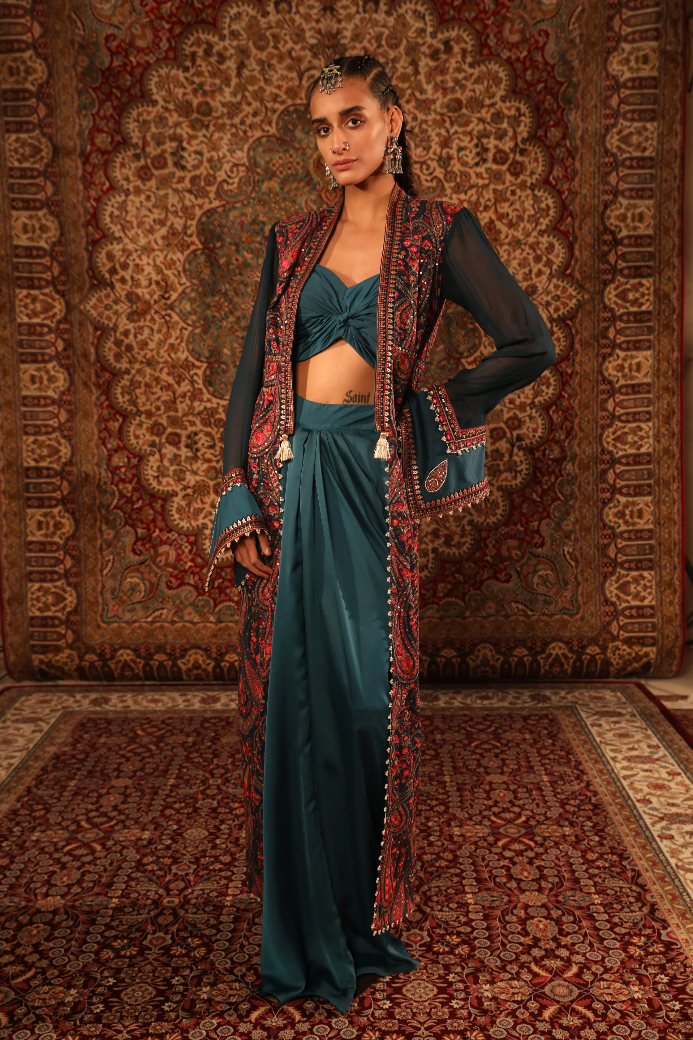 Teal Kashida long jacket - Image 3